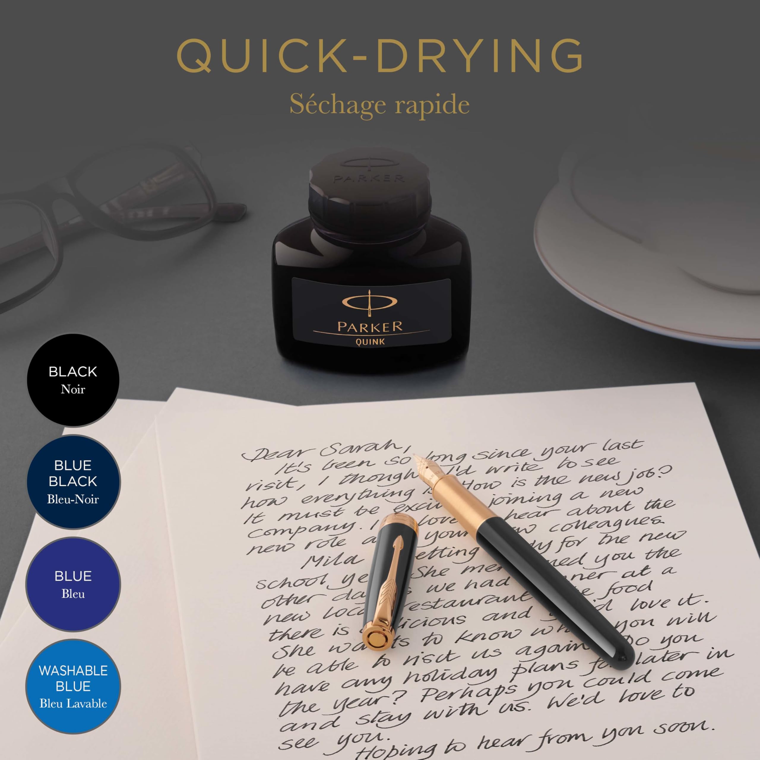PARKER QUINK Fountain Pen Ink Bottle - Washable Blue | 57 ml | Smooth Flow 3