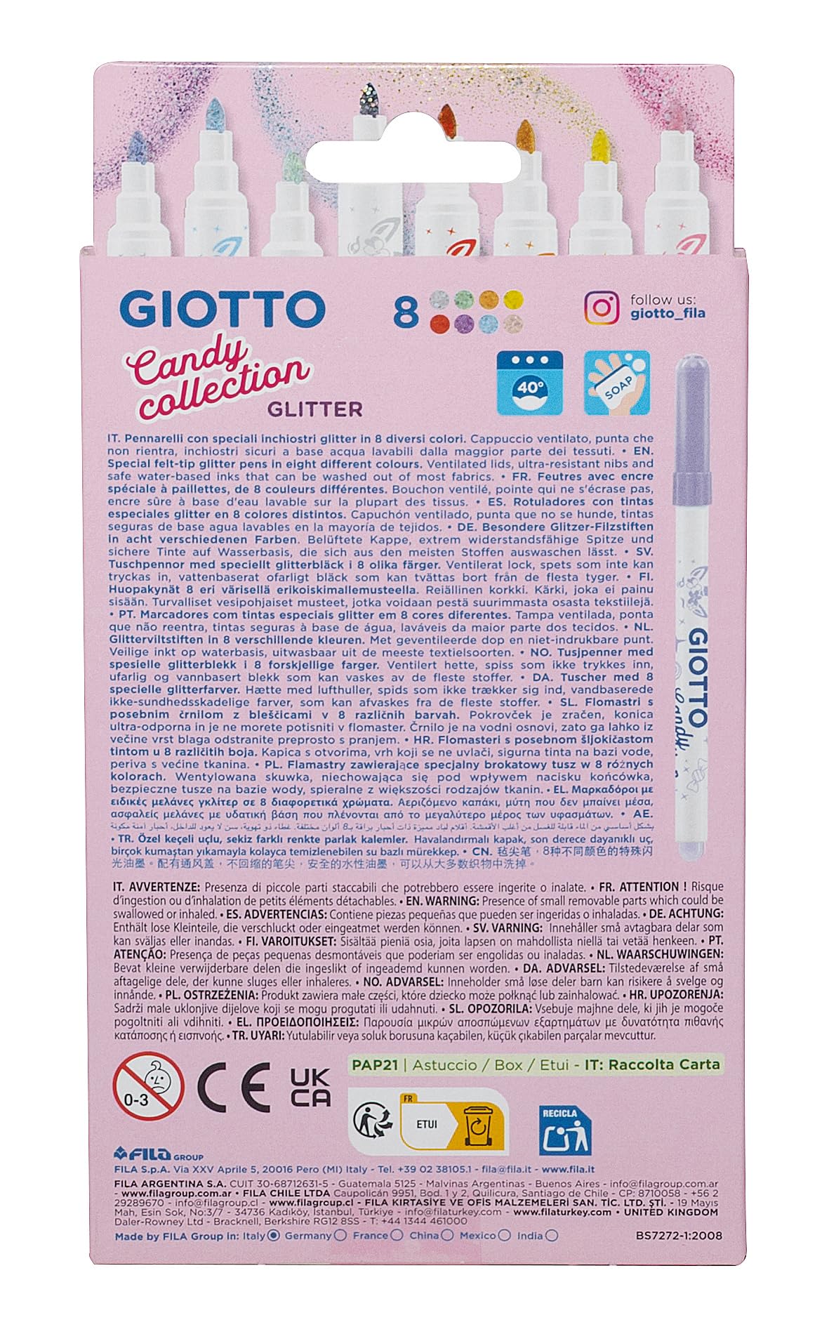 GIOTTO Turbo Glitter Felt Tip Pens - 8 Assorted Pastel Glitter Colours | Fine Tip | Washable Ink 4