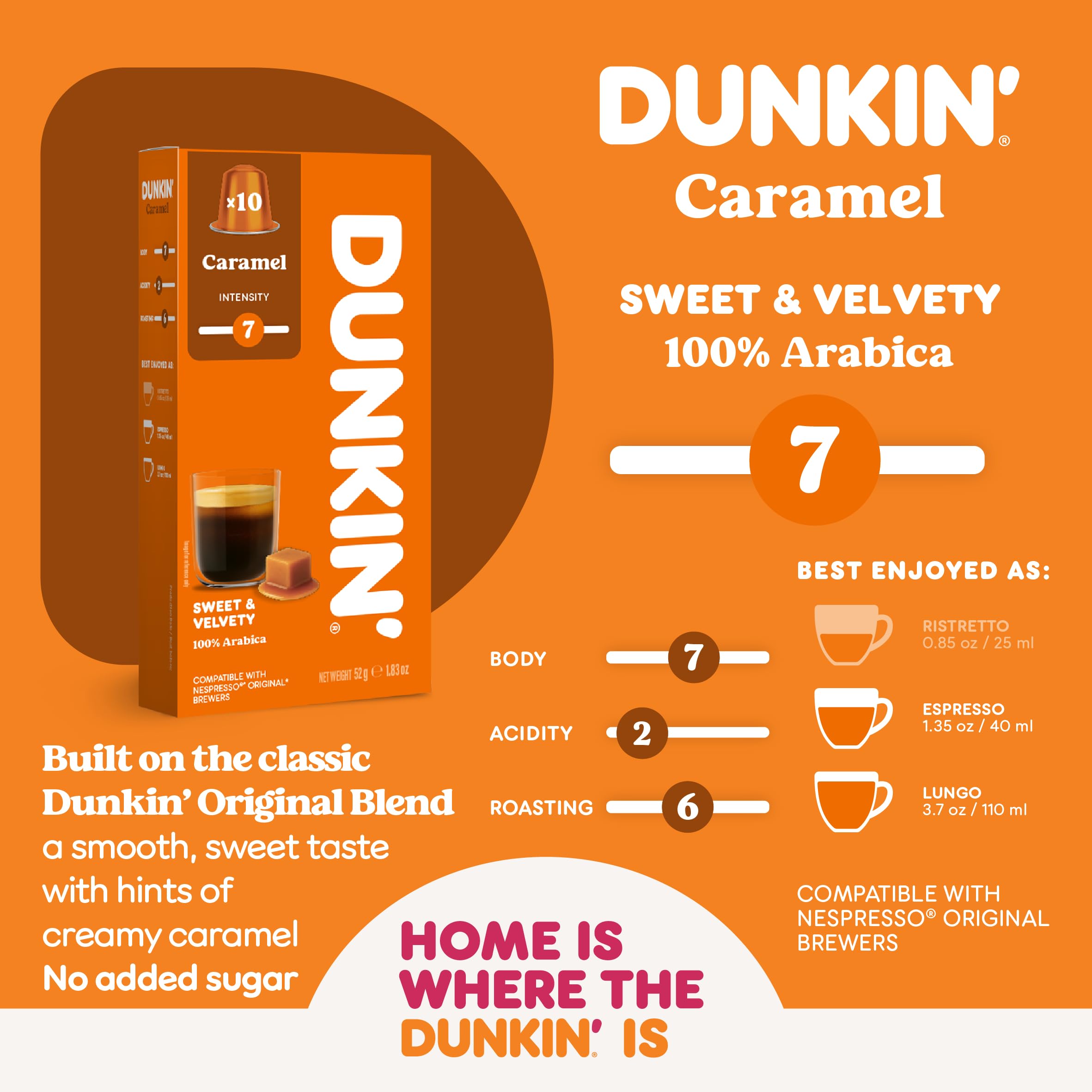 Dunkin' Donuts Caramel Blend Coffee Capsules for Nespresso | Medium Roast, Intensity 7 | 10 Count