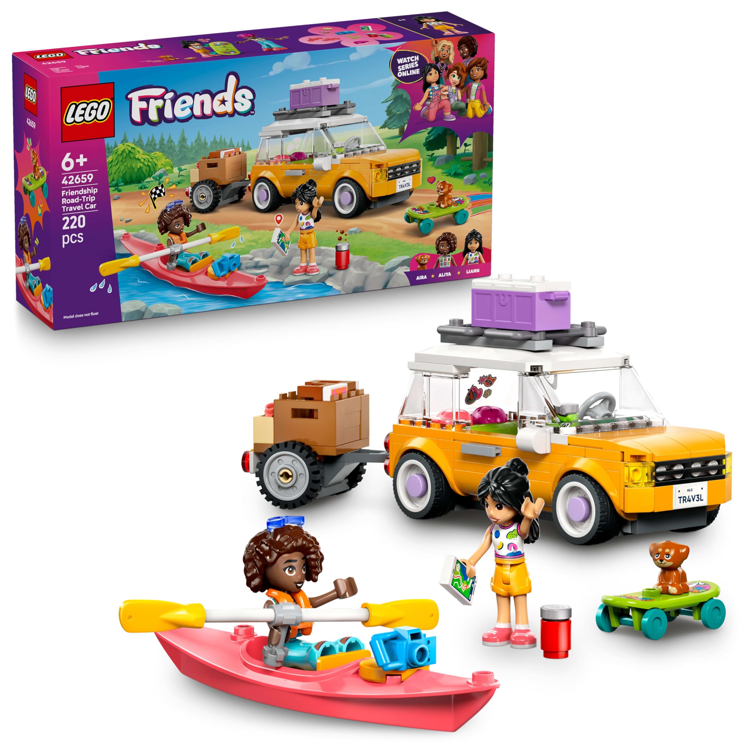 LEGO Friends Friendship Road-Trip Travel Car with Trailer - 2 Mini Dolls, Puppy Figure & 220-Piece Playset for Ages 6+