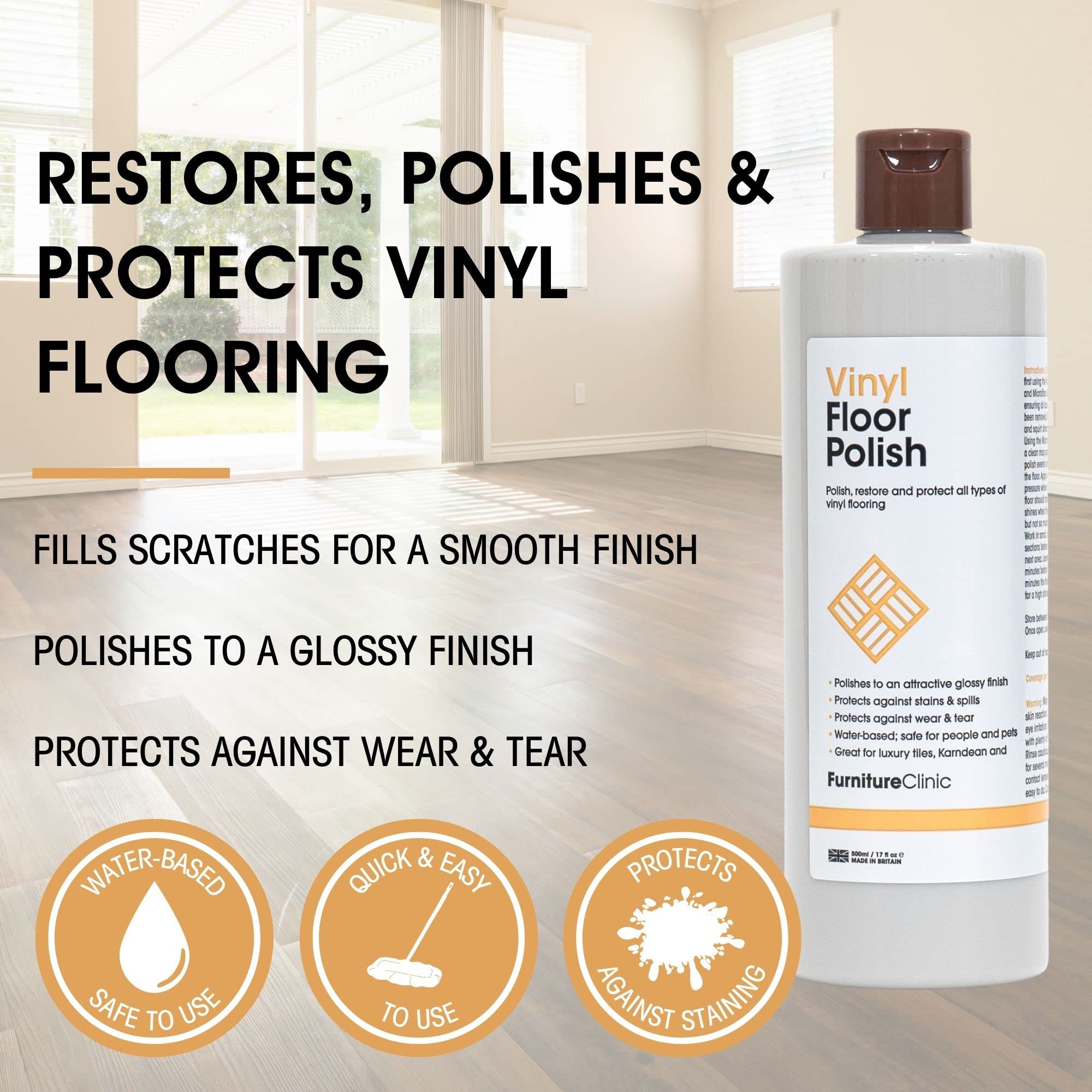 Furniture Clinic Vinyl Floor Polish - Glossy Sheen | Non-Slip Finish | 500ml