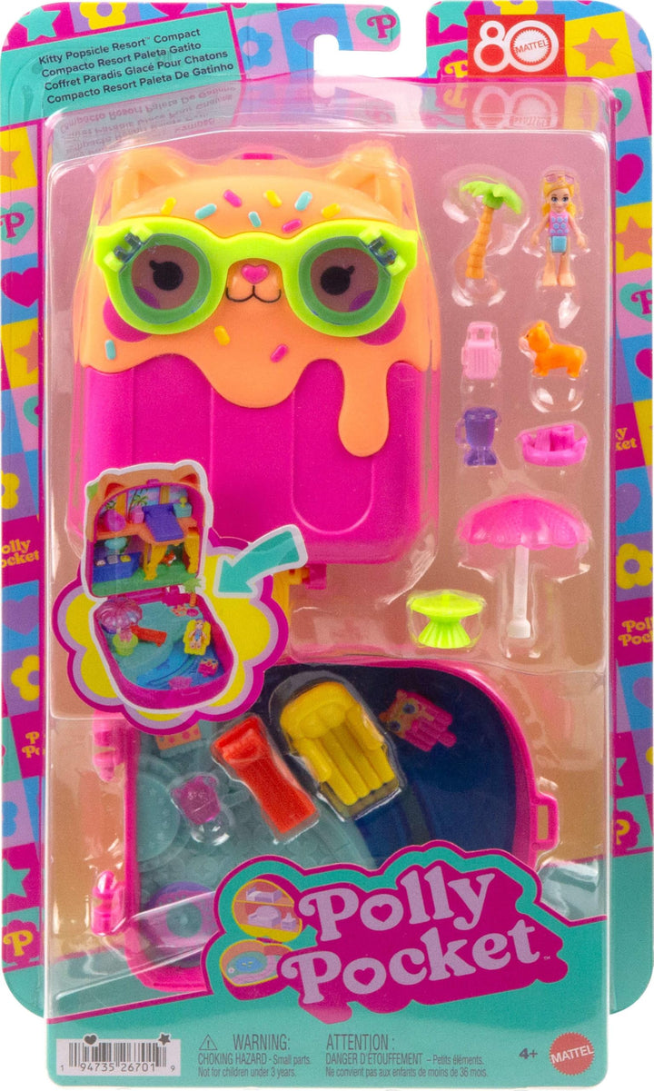 Polly Pocket Kitty Popsicle Resort Compact - Travel Playset with Micro Doll & 11 Accessories