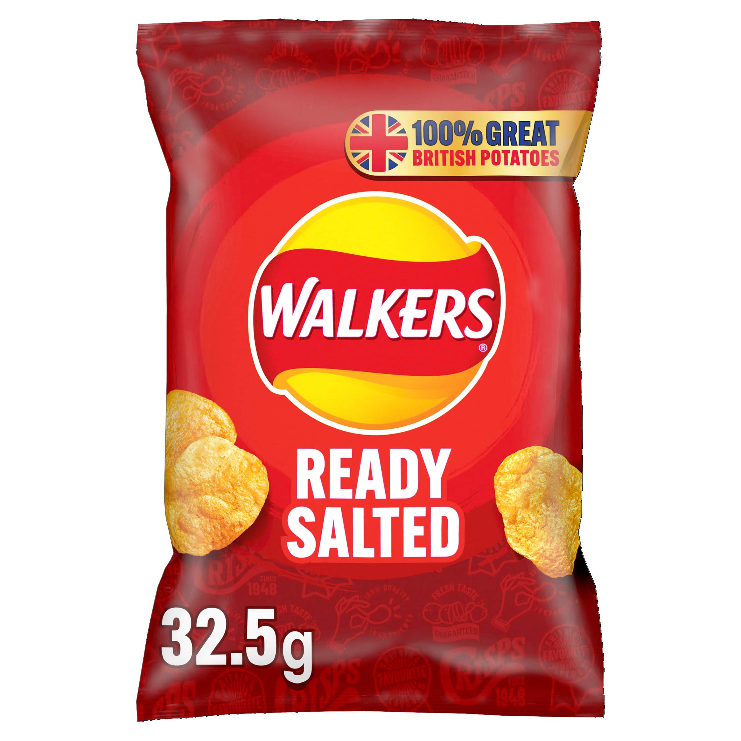 Walkers Ready Salted Crisps - Made with 100% British Potatoes | 32g Bag | Suitable for Vegetarians