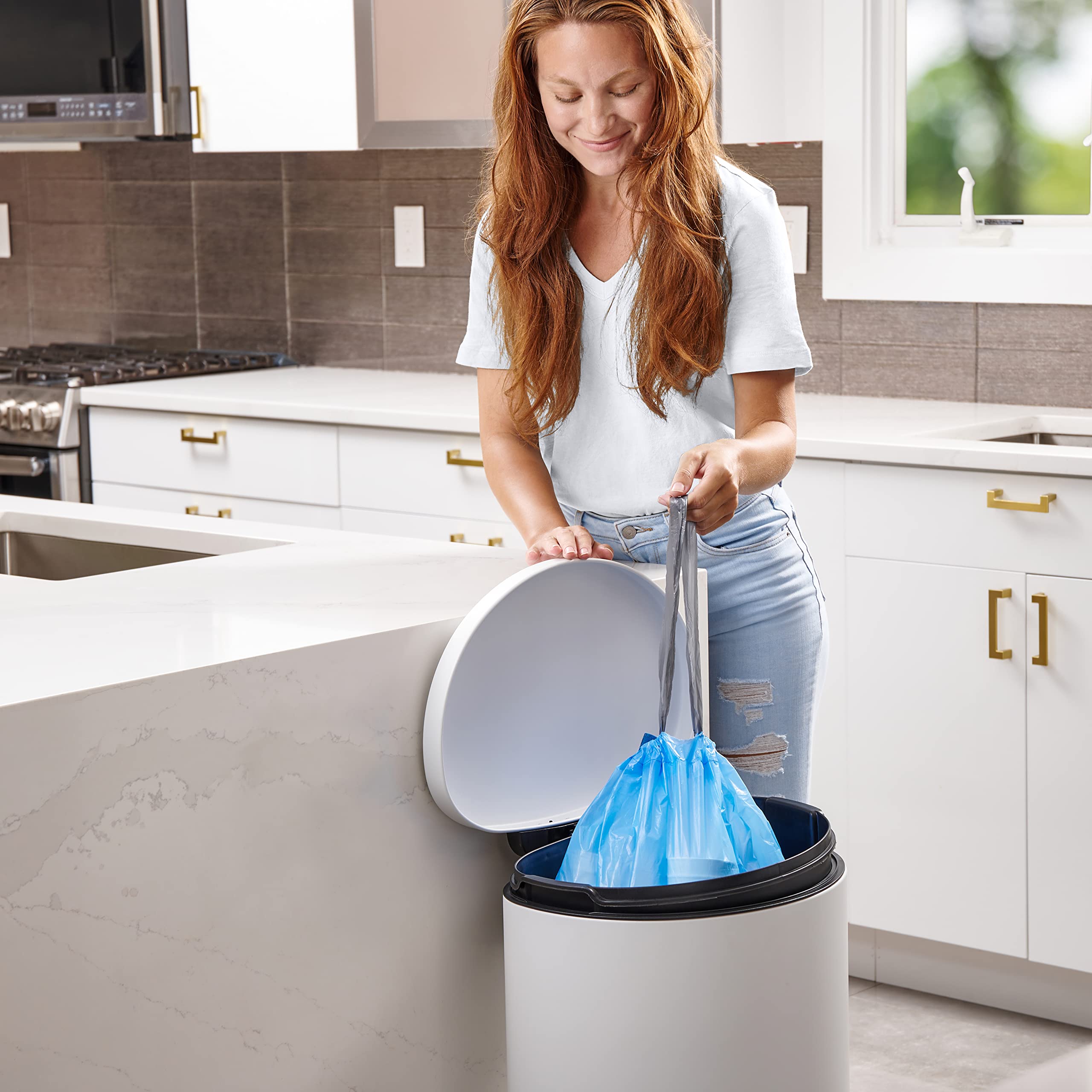 Plasticplace Custom Fit Trash Bags - Tear Resistant 1.2 Mil | Drawstring Closure | 100 Count Blue Bags