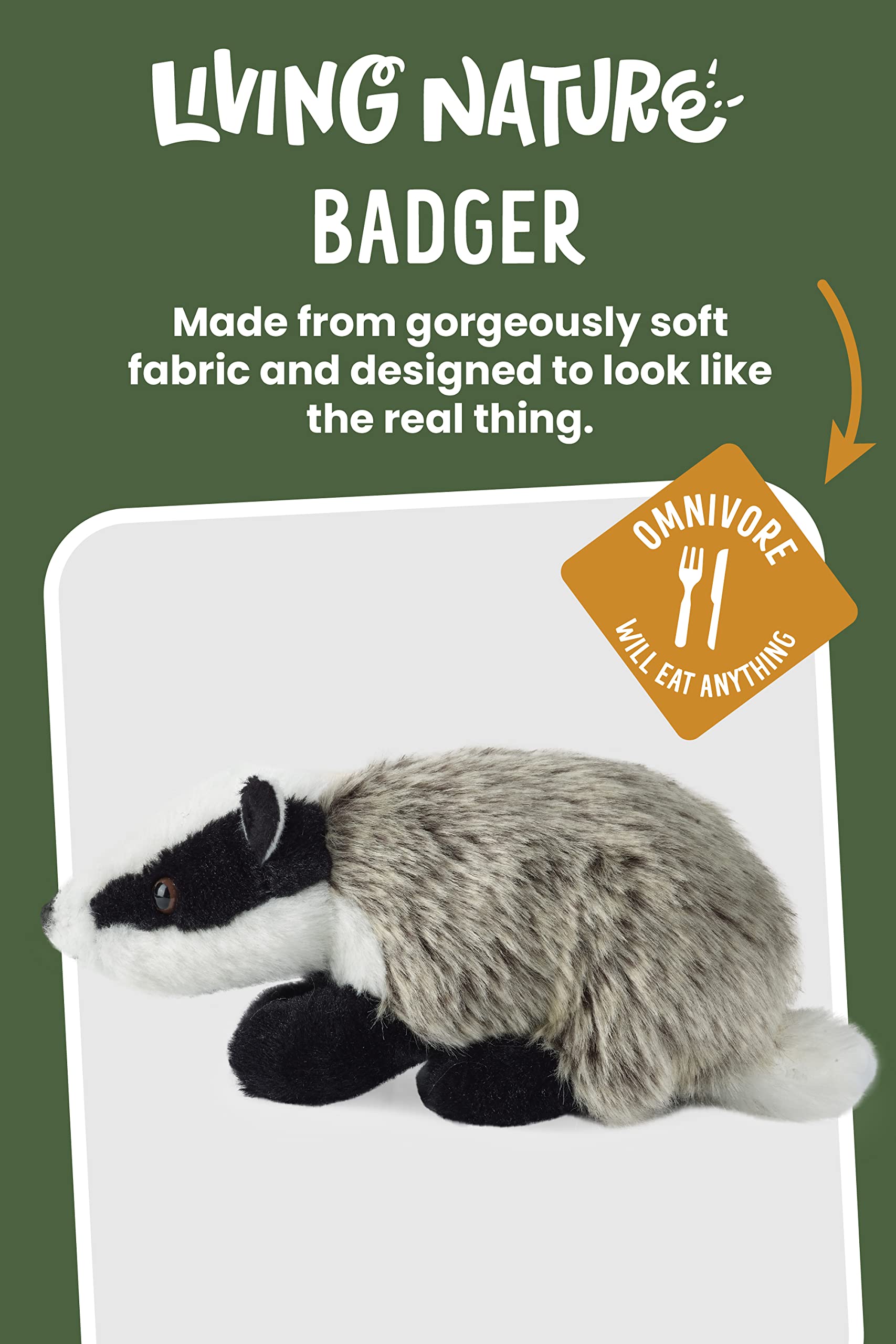Living Nature Badger Soft Toy AN234 - Medium 20cm | Eco-Friendly Plush | Educational 2