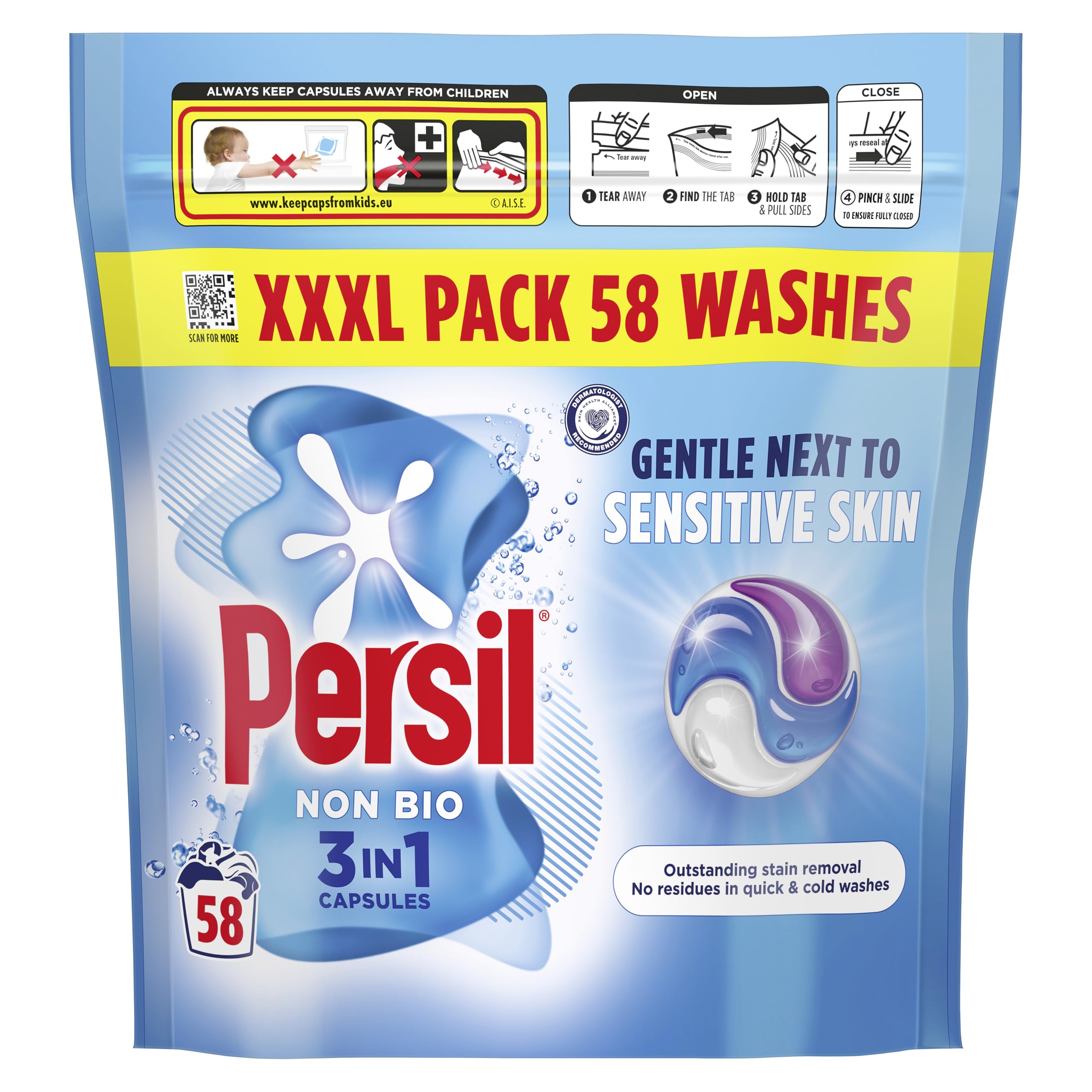 Persil Non Bio 3 in 1 Washing Capsules - Gentle on Skin | 58 Count | Outstanding Stain Removal