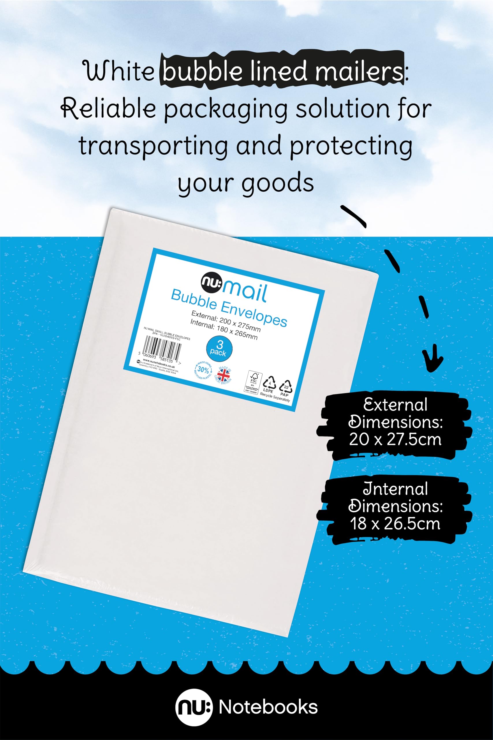 nu: Small Padded Bubble Envelope Mailers - 3 Pack | Self Seal | 30% Recycled Lining