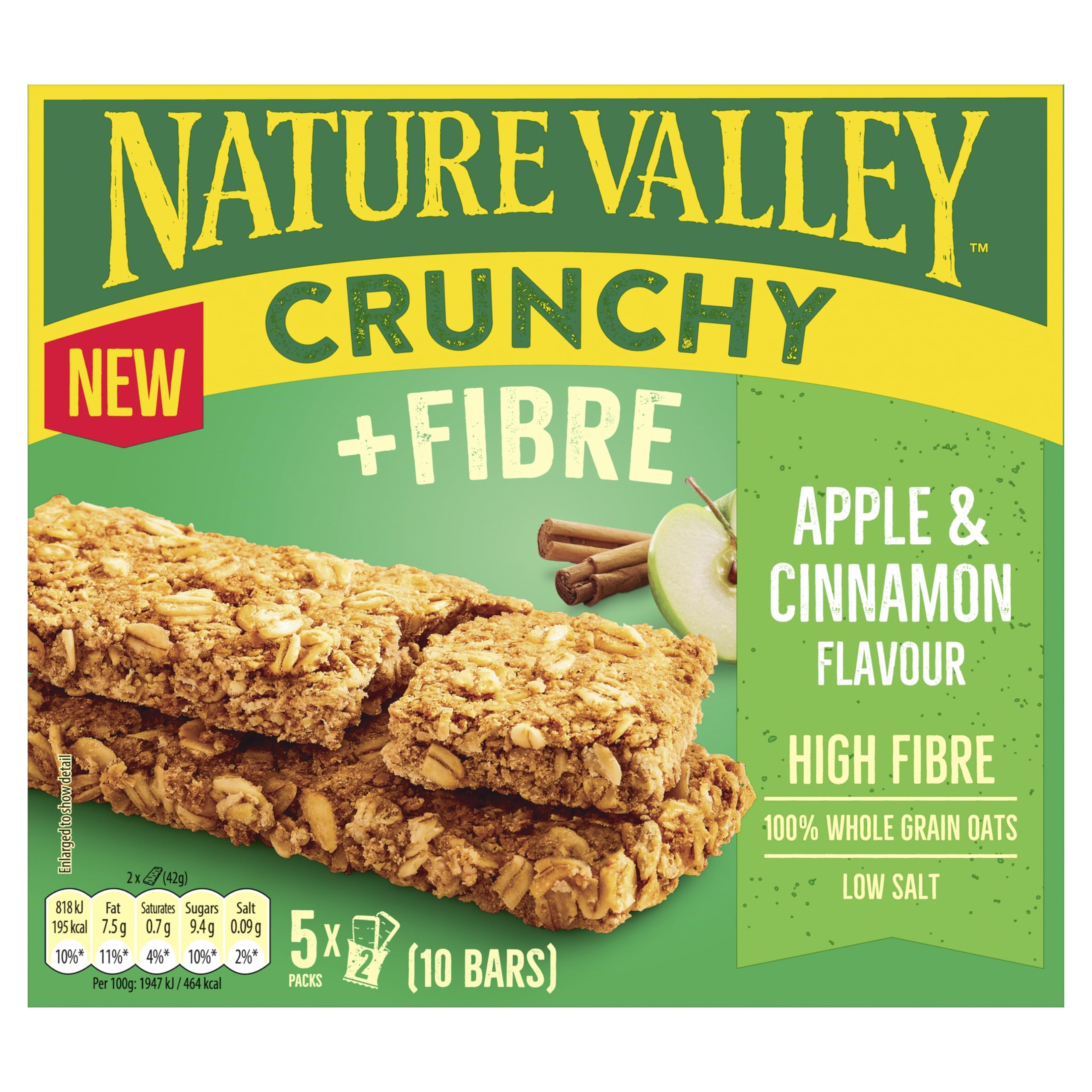 Nature Valley Crunchy Apple Cinnamon Whole Grain Oat Bars - High Fibre | 5 x 42g Bars