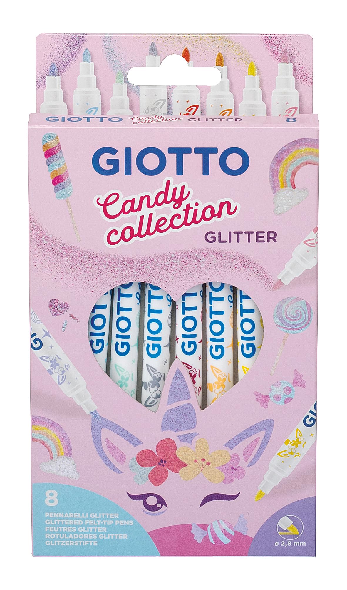 GIOTTO Turbo Glitter Felt Tip Pens - 8 Assorted Pastel Colours | Fine Anti-Retraction Tip