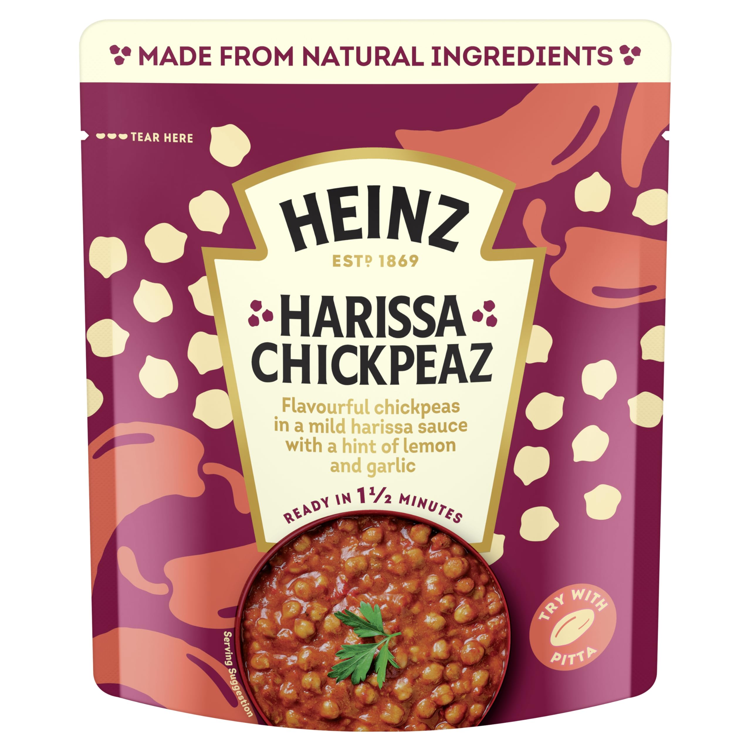 HEINZ Harissa Chickpeas with Peppers and Garlic - Instant Meal for One | Ready in 1.5 Mins | Source of Protein 1