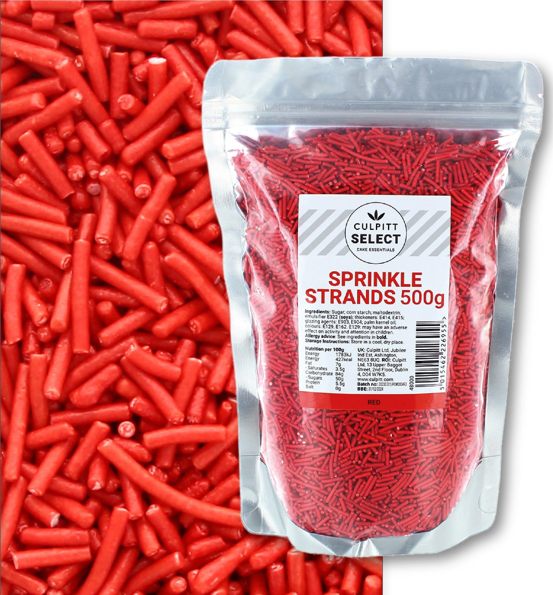 Culpitt Select Red Sugar Strands Sprinkles - 500g Pouch | Edible Cake Decorations