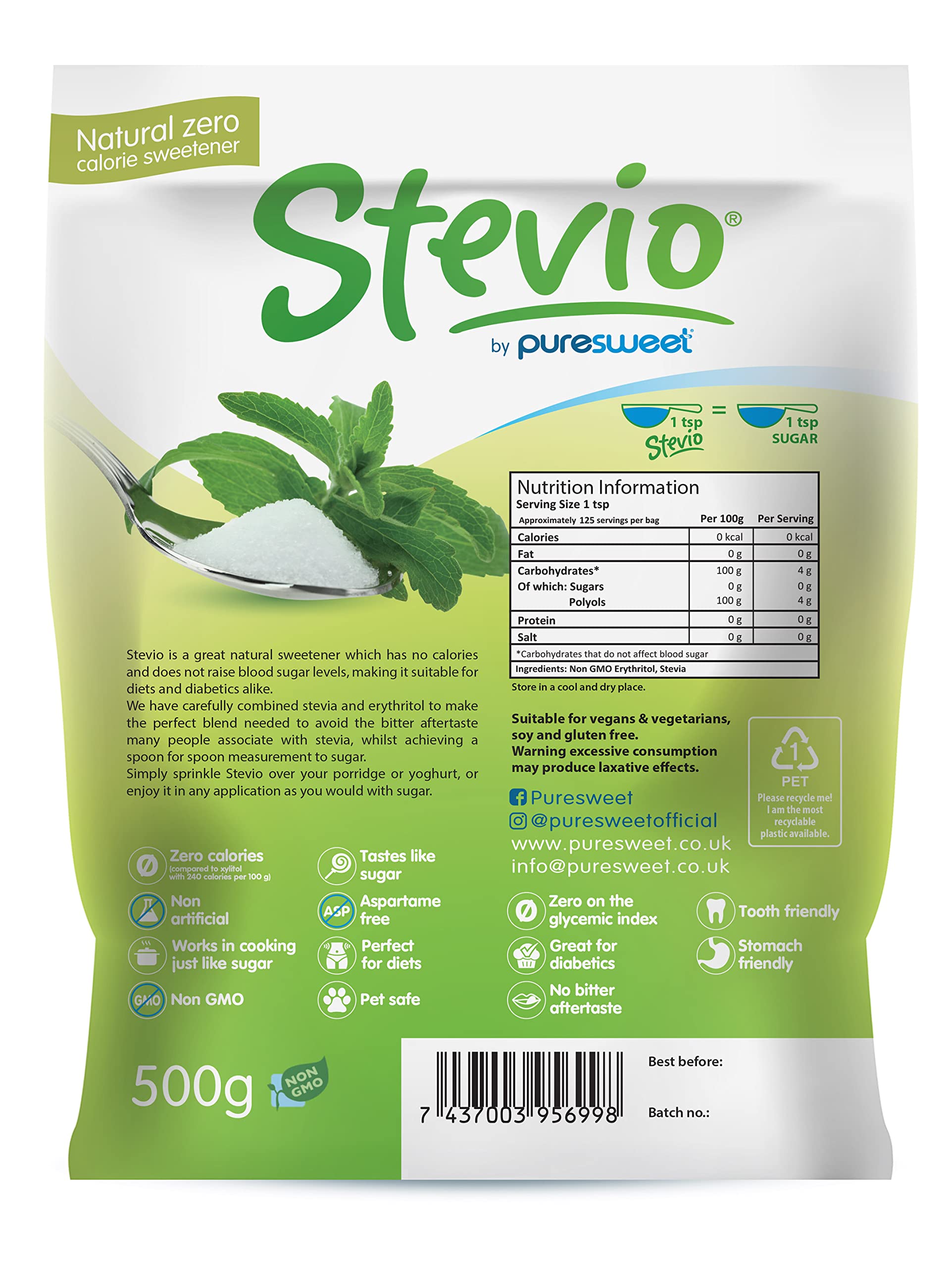 Puresweet Stevio® Premium Stevia Sweetener - 500g | Zero Calorie | Keto & Diabetic Friendly 2