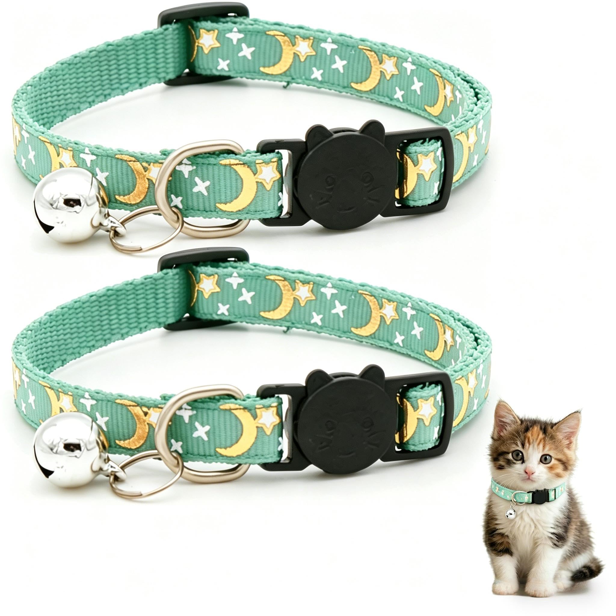 Muexoee Reflective Adjustable Cat Collar with Bell | Moon Star Print | Green | 2 Pack