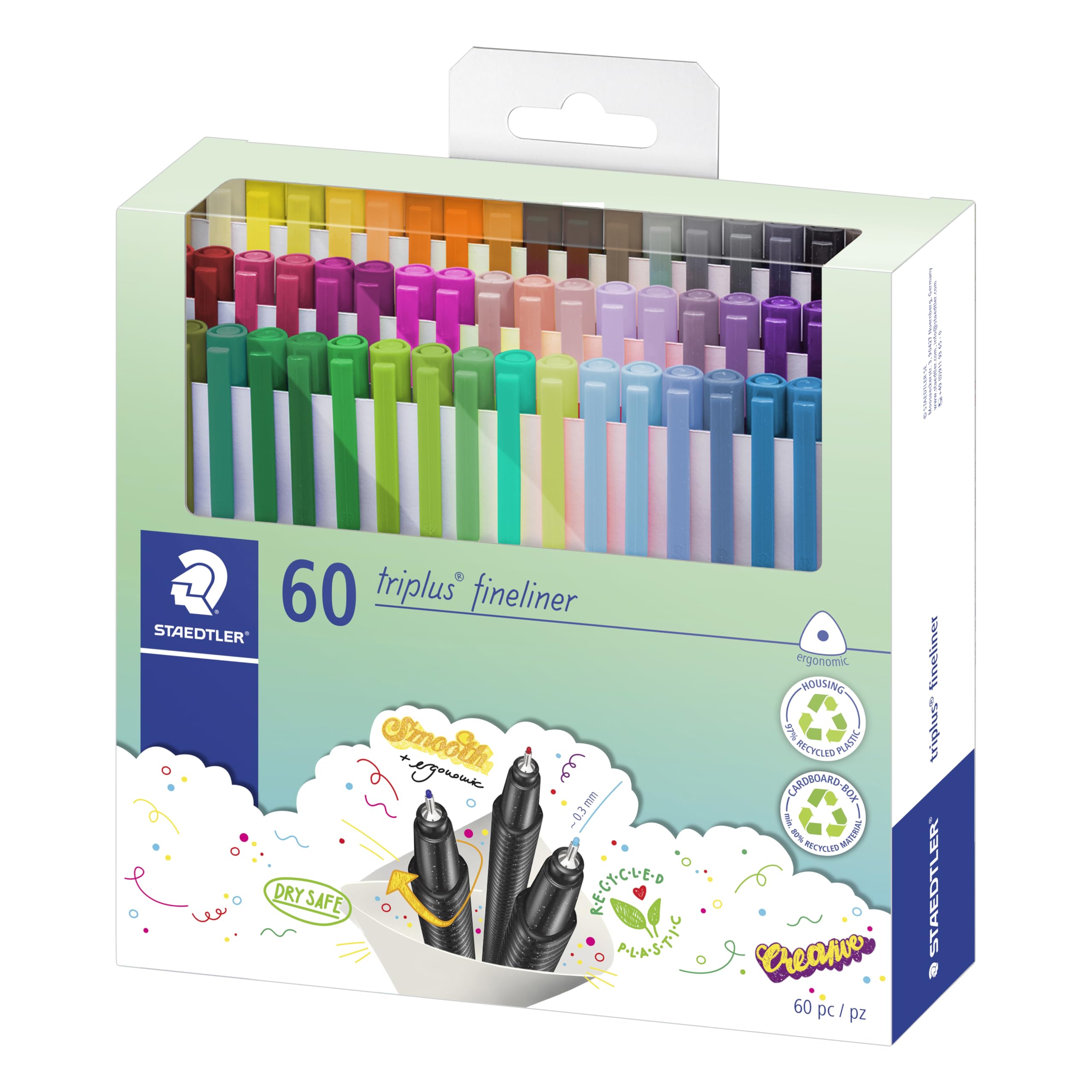 STAEDTLER 334 C60 Triplus Fineliner Pen - 0.3mm Superfine Tip | 60 Count Assorted Colours 1