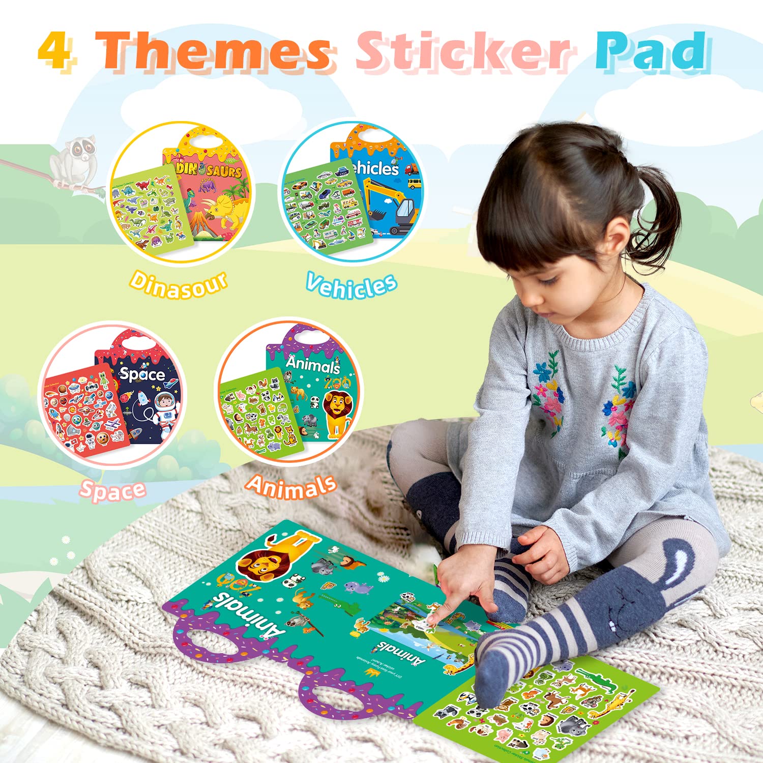 GUYUCOM 4 Pack Reusable Sticker Books for Kids Ages 3+ | Dinosaur, Animal, Space, Vehicle Themes 2