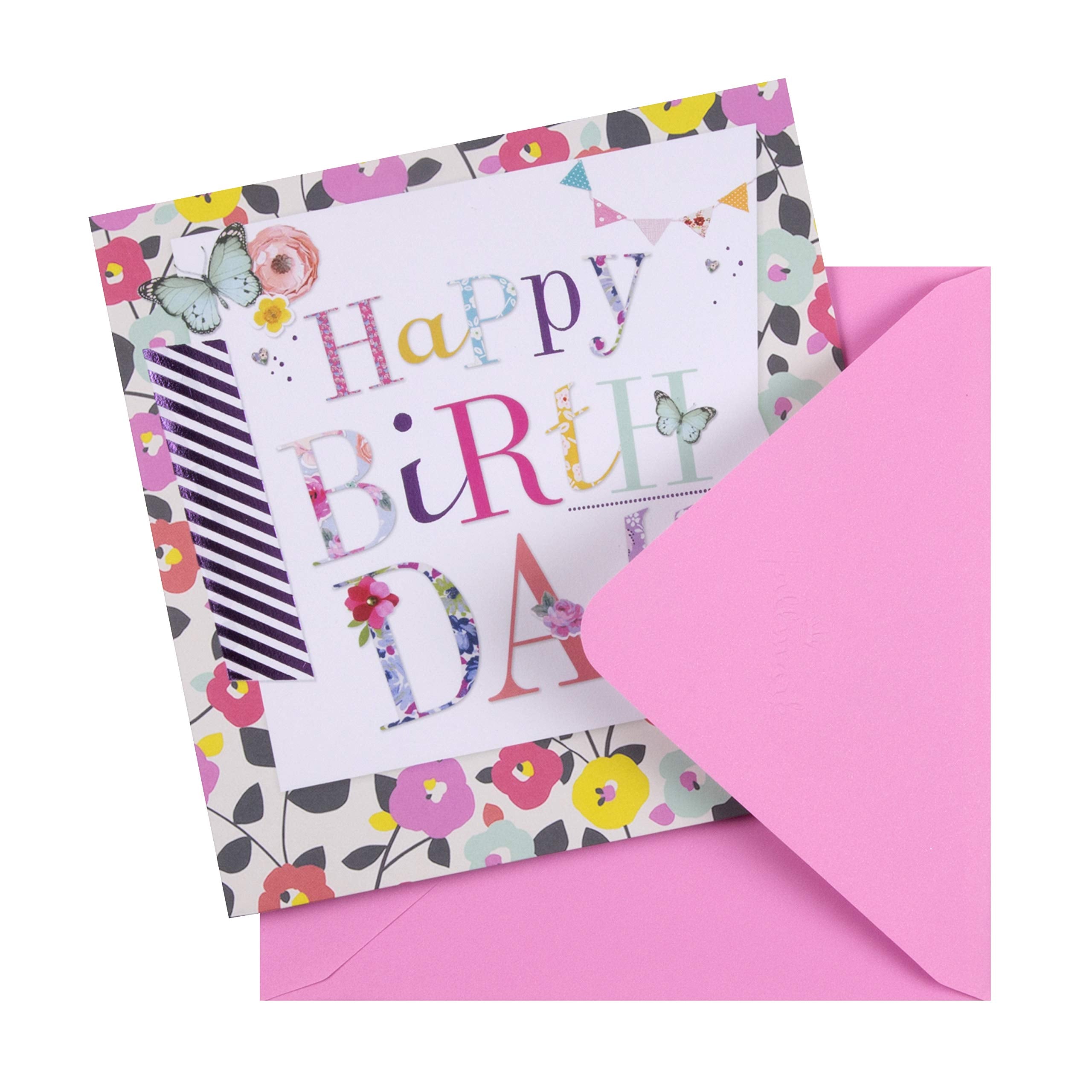 Hallmark Birthday Greeting Card - Butterfly & Floral Design | Embossed & Purple Foil | 16cm Square 2