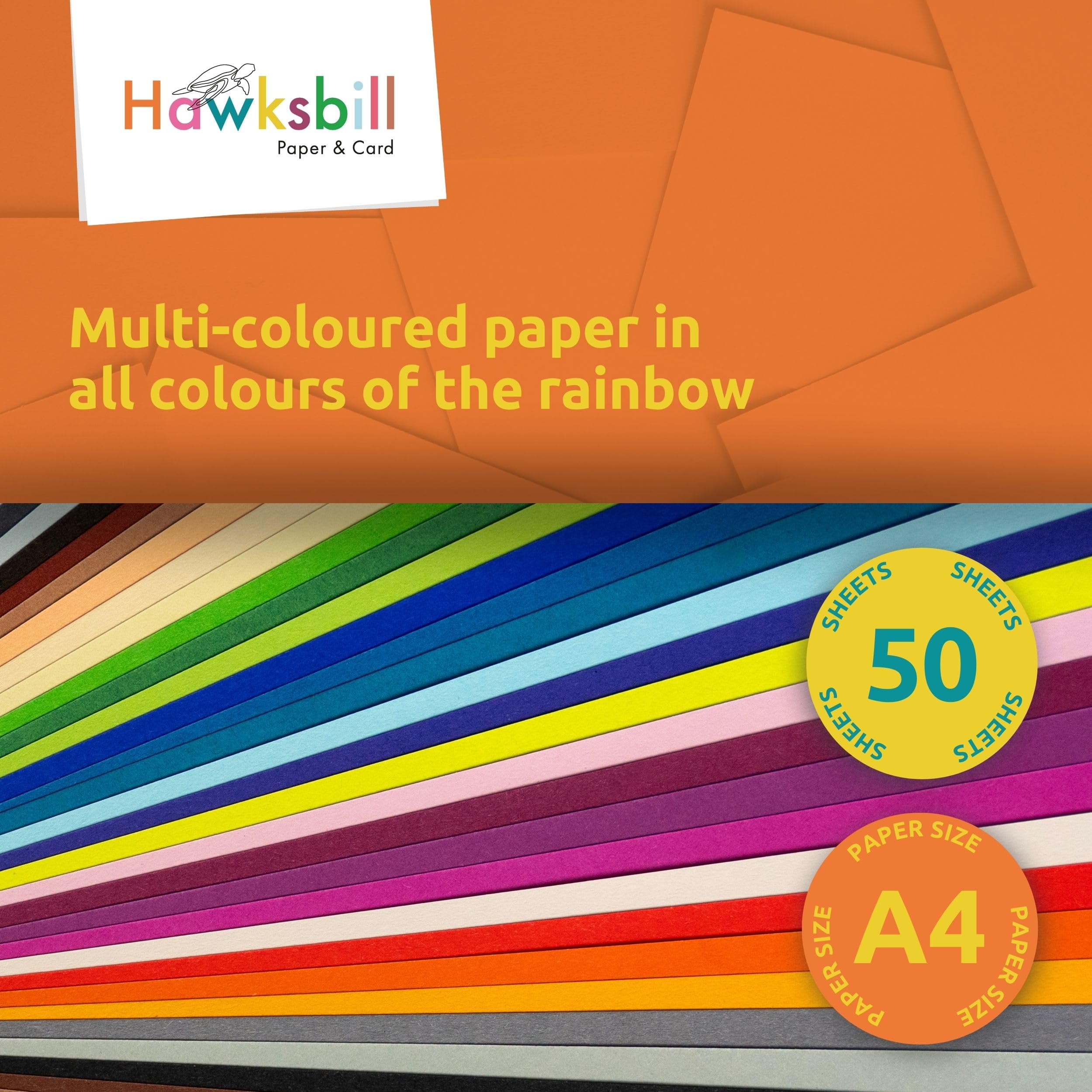 Hawksbill 130GSM A4 Coloured Paper - 50 Pack Assorted Rainbow Sheets for Arts & Crafts 3