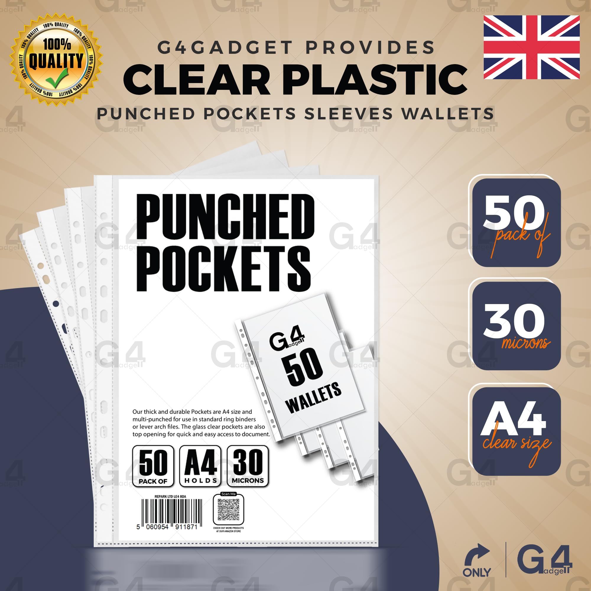 G4GADGET Pack of 50 A4 Clear Plastic Punched Pockets Folders with Frost Finish 2
