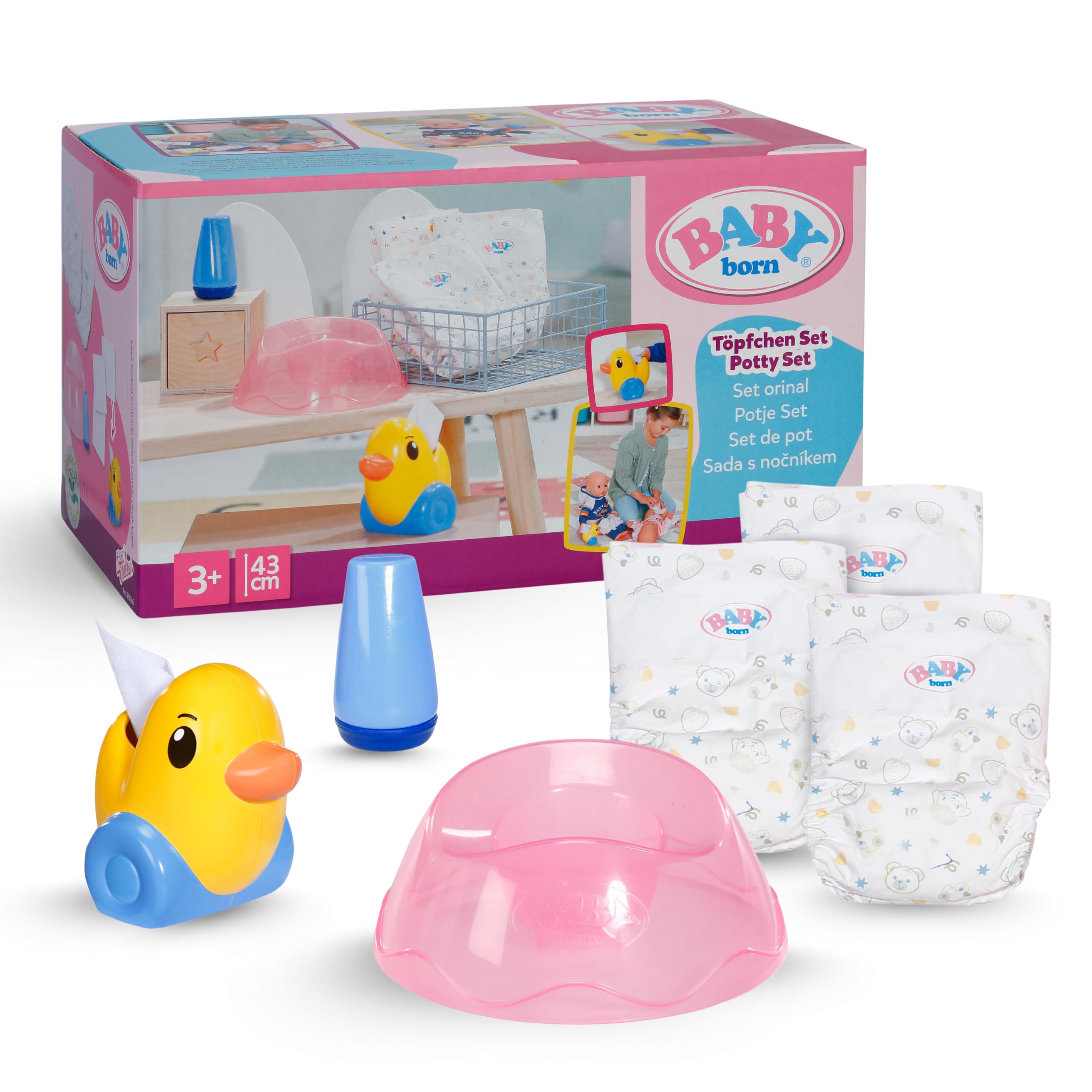 BABY born Potty Set - Includes Diapers, Cream Jar & Duck Berta Tissue Dispenser | Pink Plastic