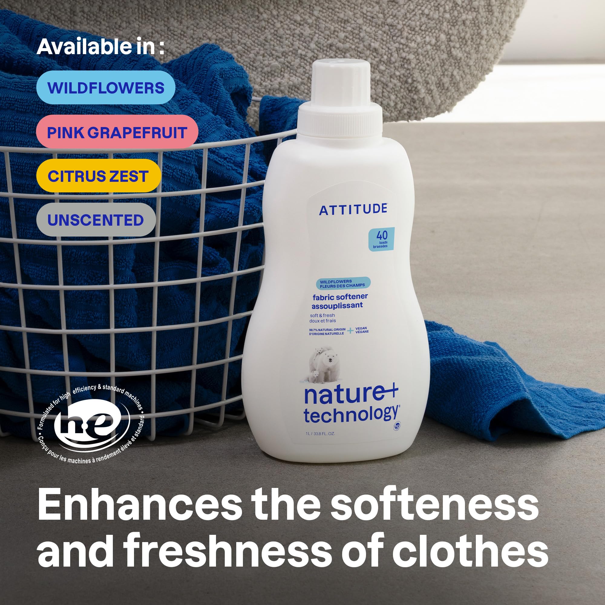 ATTITUDE Liquid Fabric Softener - Plant-Based, Vegan, Wildflower Scent | 1 l | 40 Loads