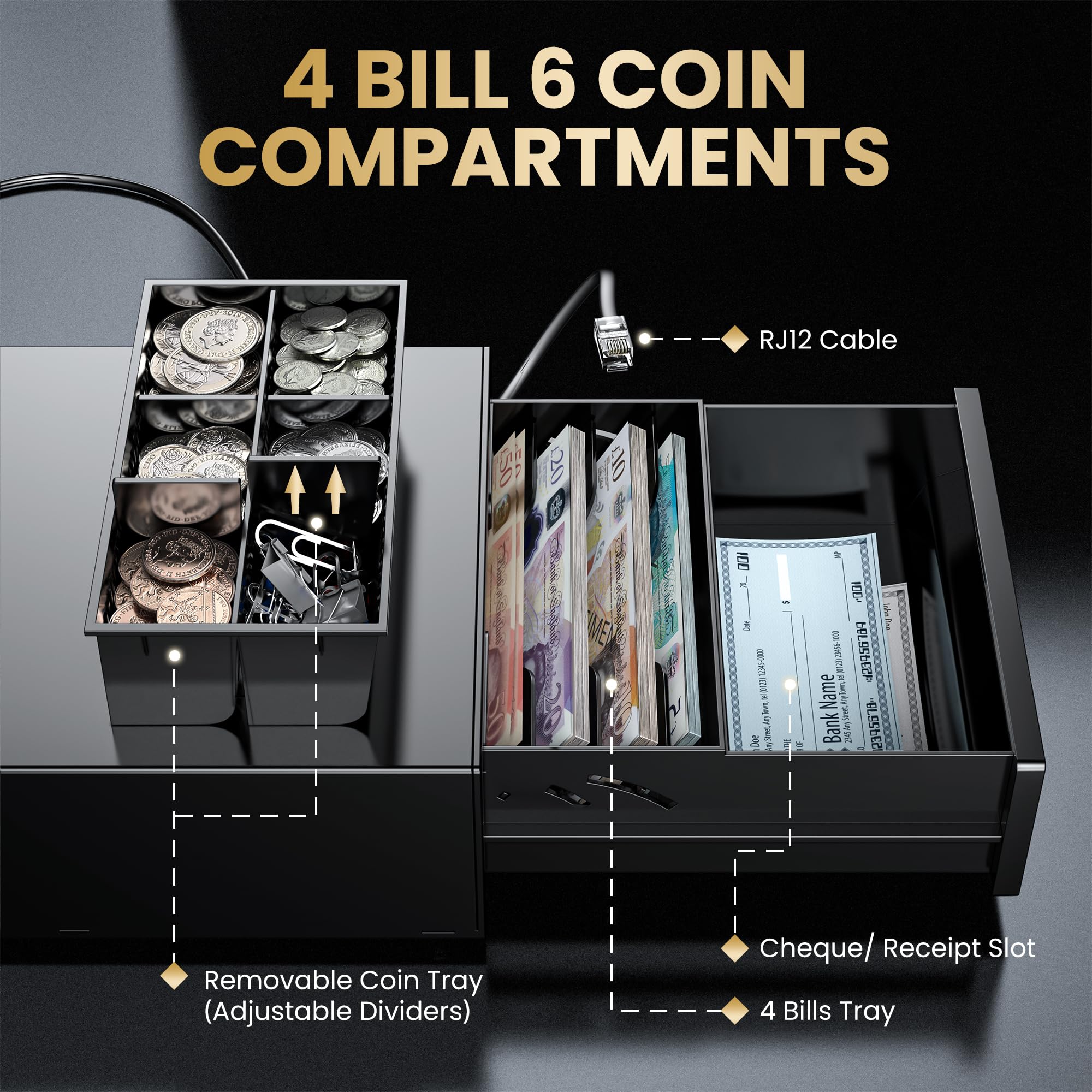 Tera 8'' Mini Cash Drawer Register - Compact 4 Bill/6 Coin Tray | RJ12 Compatible | Black 3