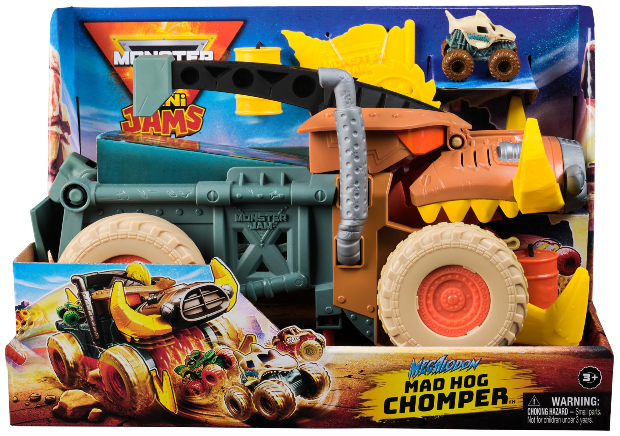 Monster Jam Mini Jams Megalodon Mad Hog Chomper Playset | 1:87 Scale Truck & Barrels