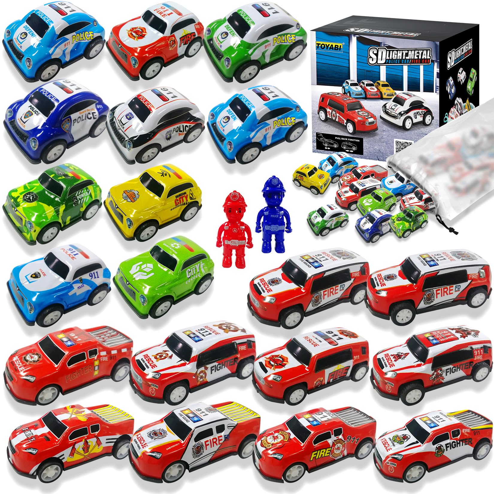 TOYABI Mini Toy Cars for Kids - 22pcs Metal Race Car Set with 2 Dolls, Pull Back Vehicles for Children 3+