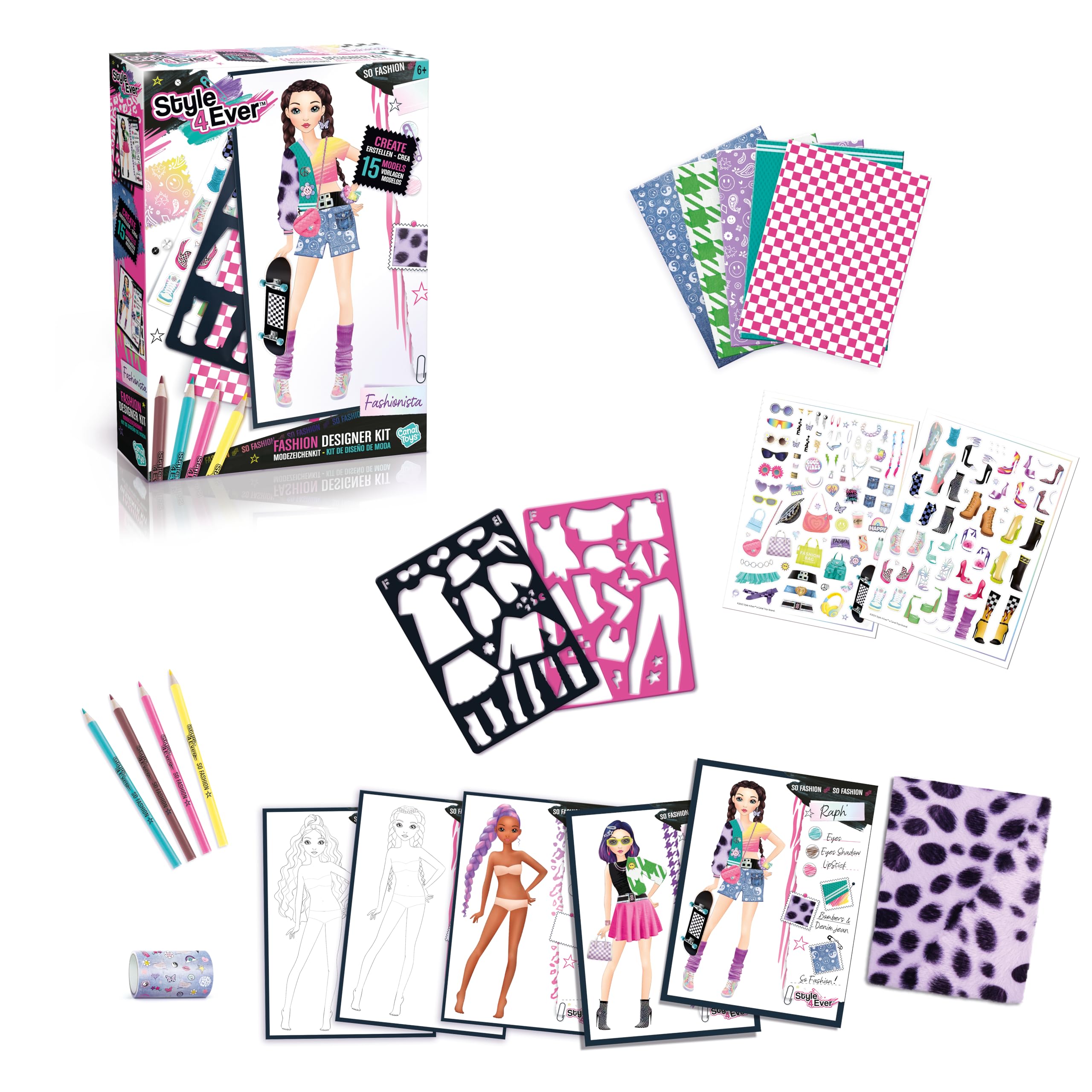 Canal Toys Style 4 Ever Fashion Designer Kit - Real Fabric & Stencils | 41 Pieces