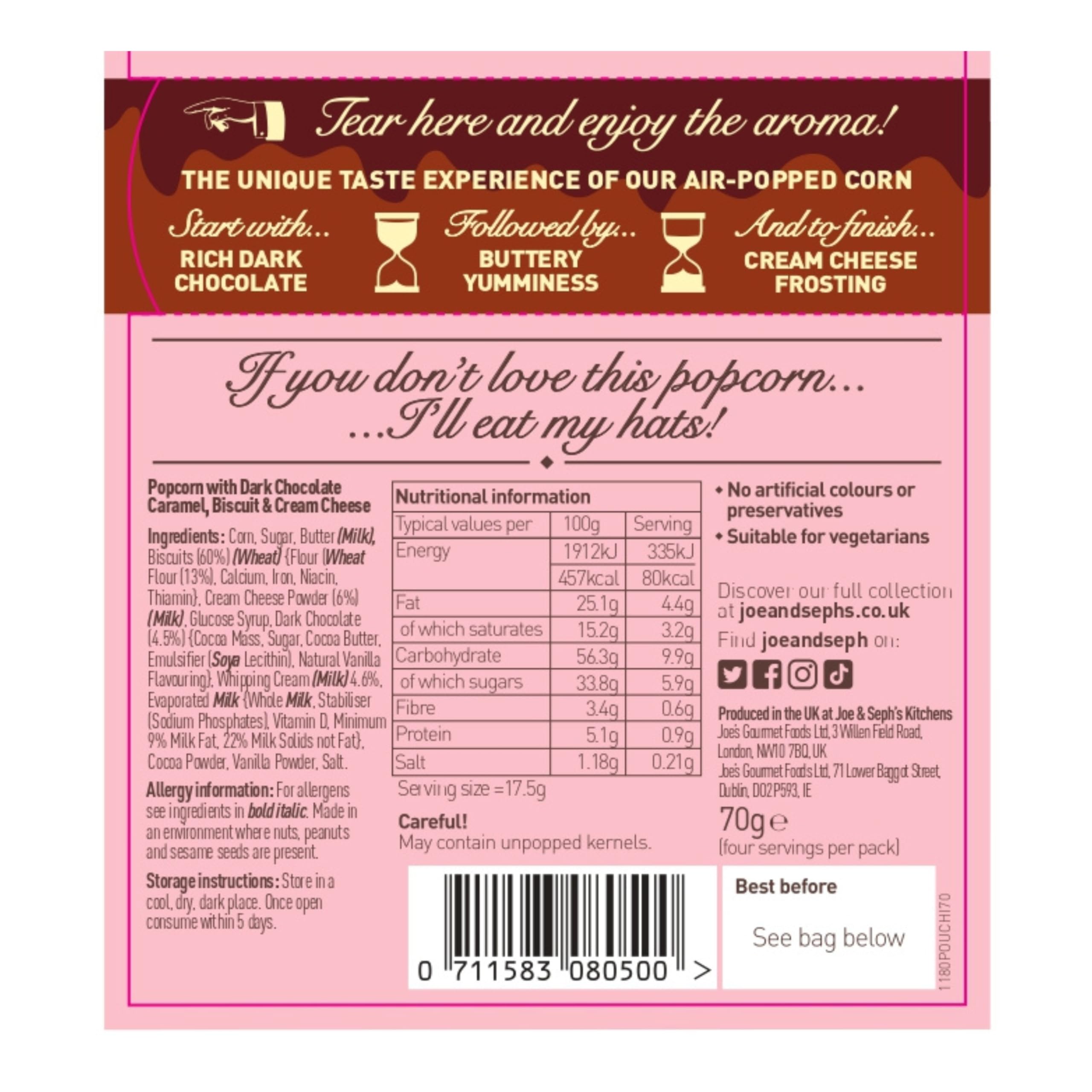 Joe & Seph's Chocolate Fudge Cake Popcorn (70g) - Gourmet Air-Popped Snack with Belgian Chocolate 3