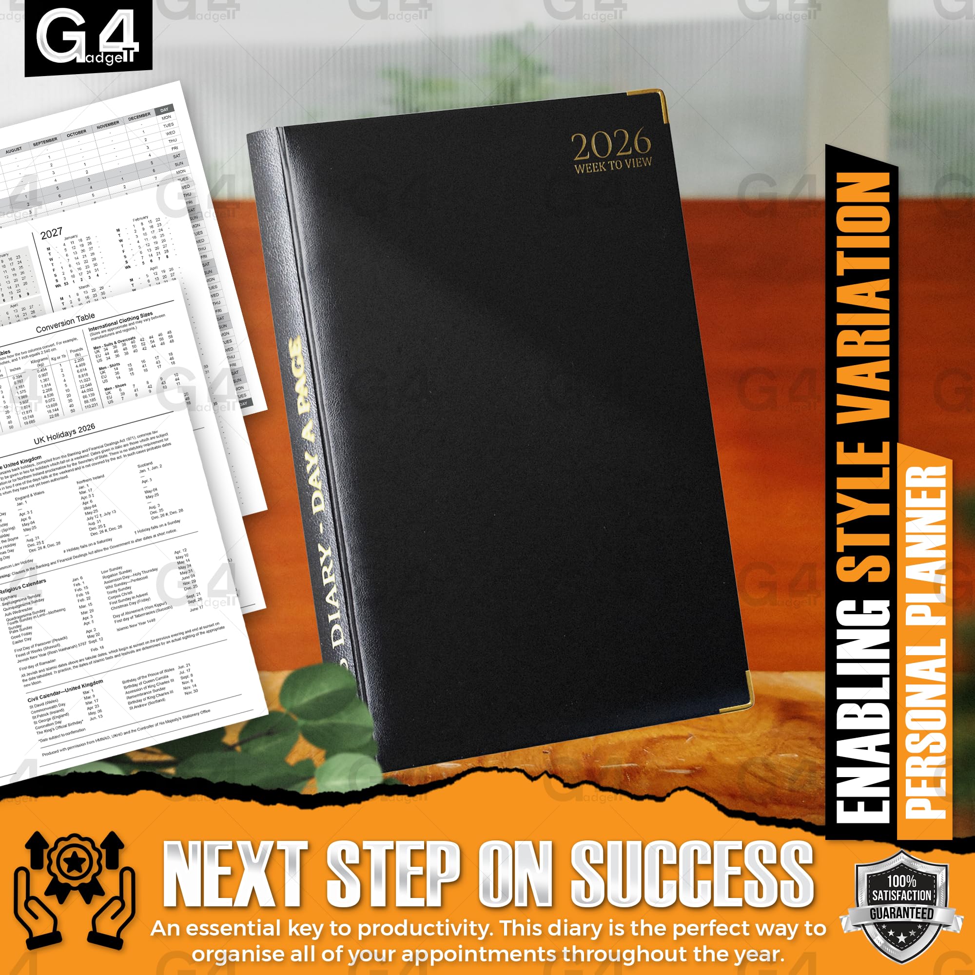 G4GADGET A4 2026 Day a Page Black Diary Gilt Edges Hardback 3