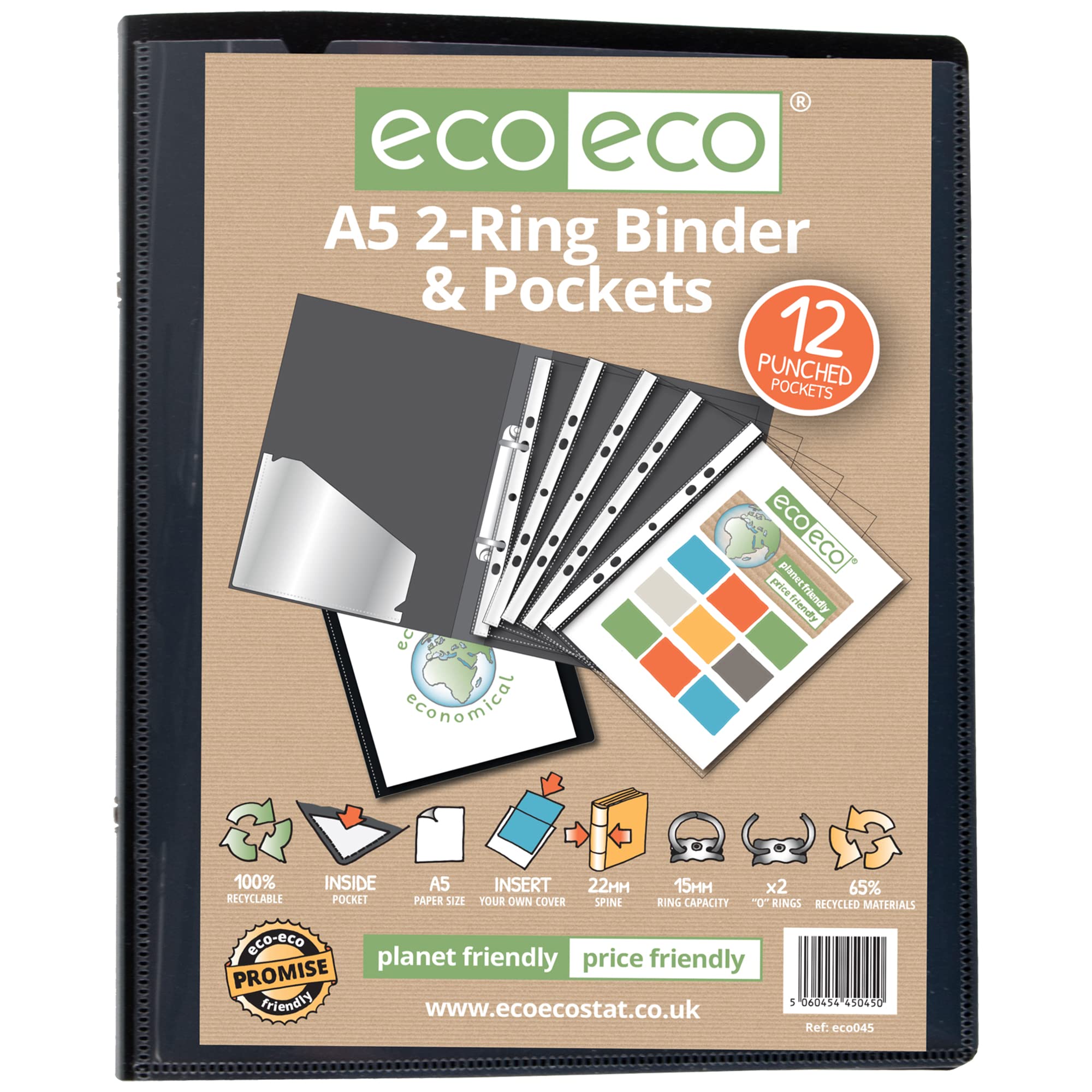 eco-eco A5 Presentation Ring Binder - 15mm Capacity, Pack of 4 | Black, Recycled Material