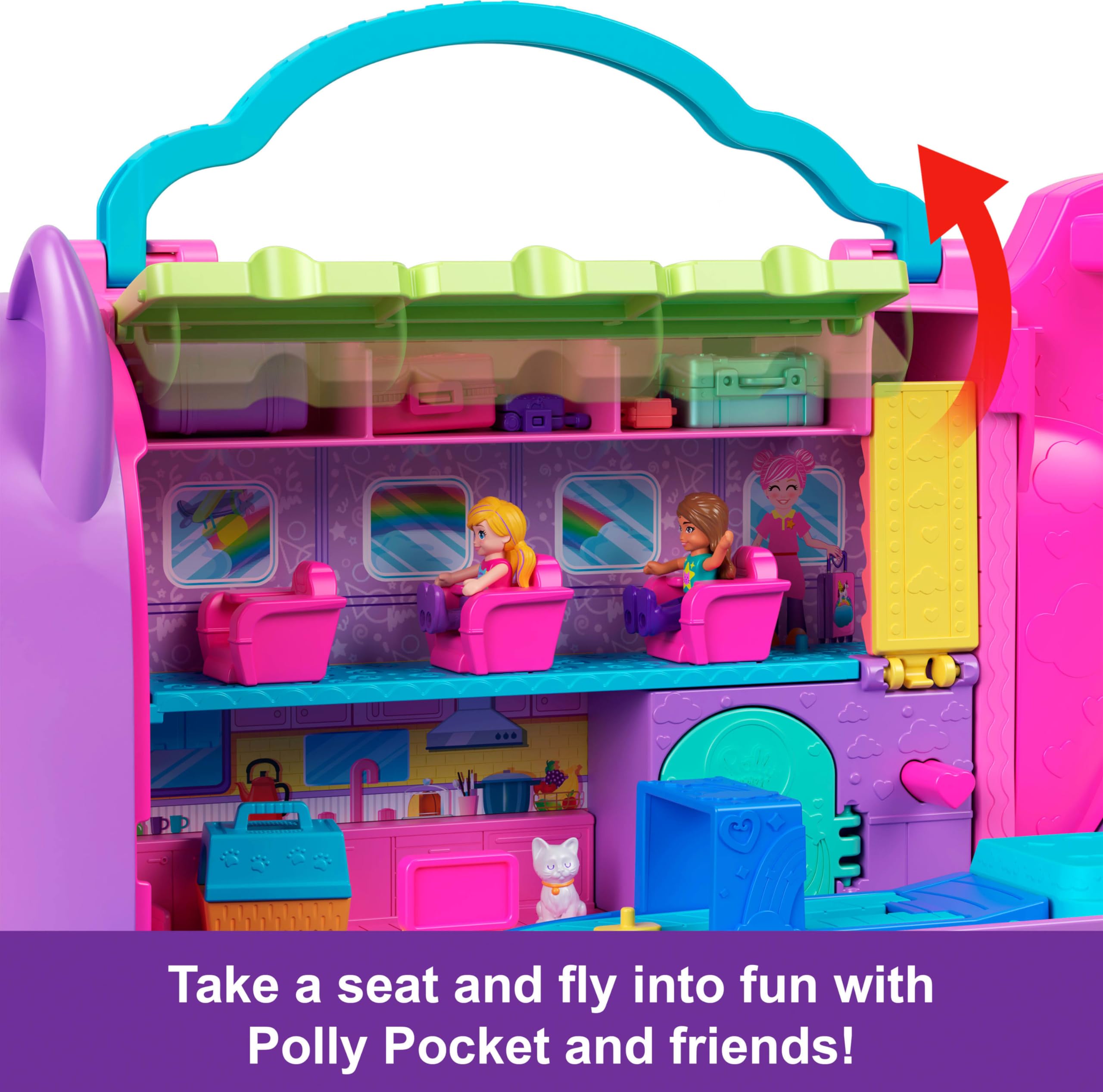 Polly Pocket Kitty Airways Airplane Playset with 2 Micro Dolls and 19 Accessories | Ages 4+ 6