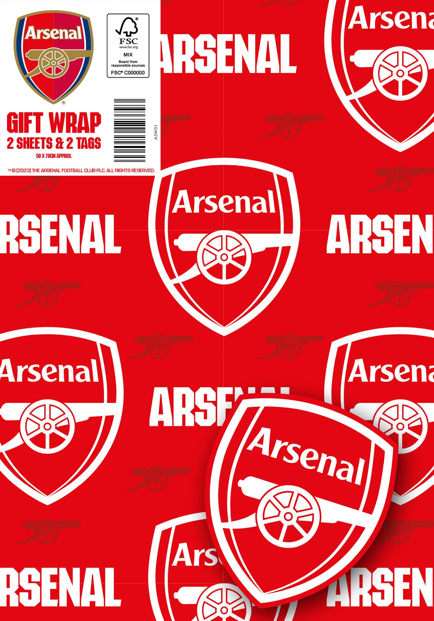 Danilo Promotions LTD Arsenal FC Wrapping Paper - 2 Sheets, 2 Tags | 70x50cm | Red | Glossy Finish