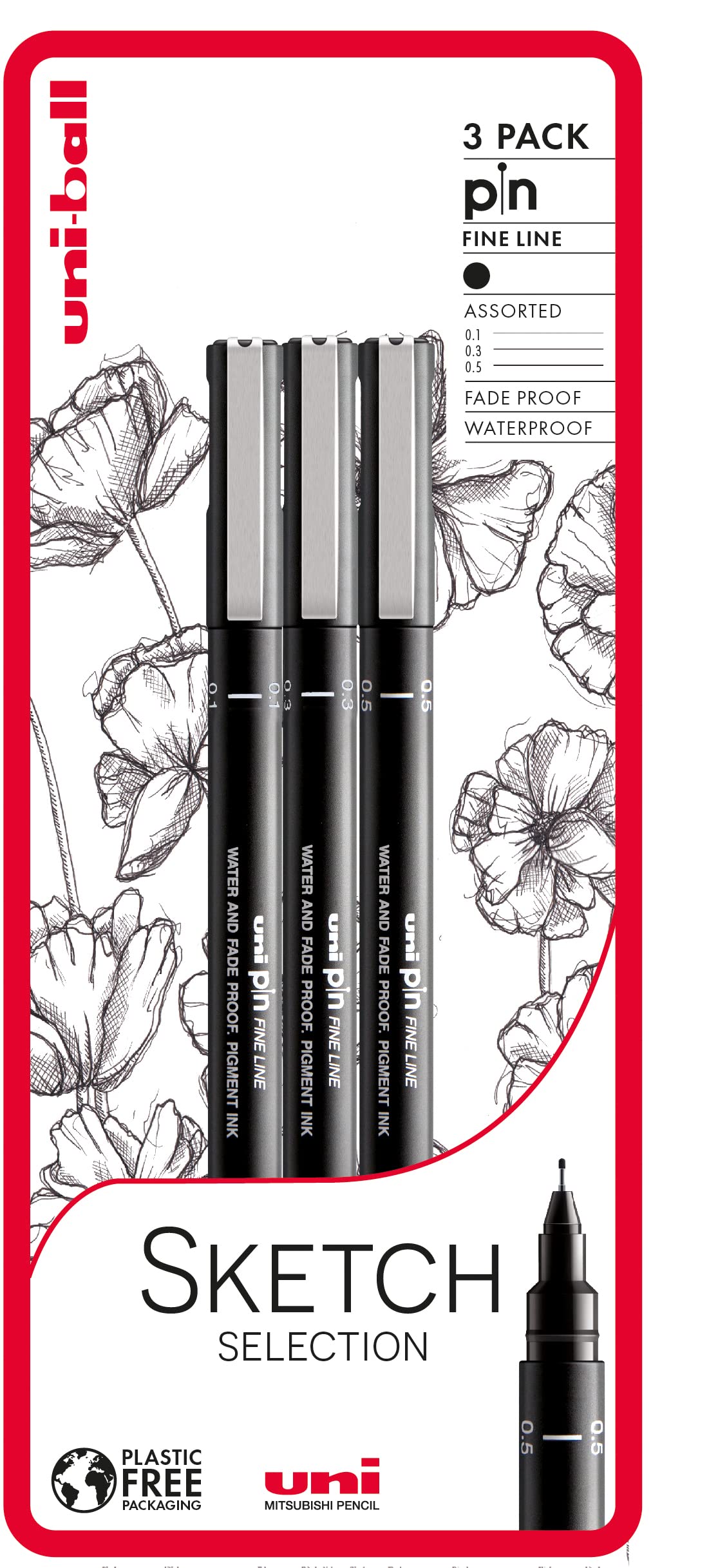 uni-ball PIN Fineliners - Black Fine Tip Set (0.1mm, 0.5mm, Brush) | Water & Fade-Resistant Ink | Pack of 3