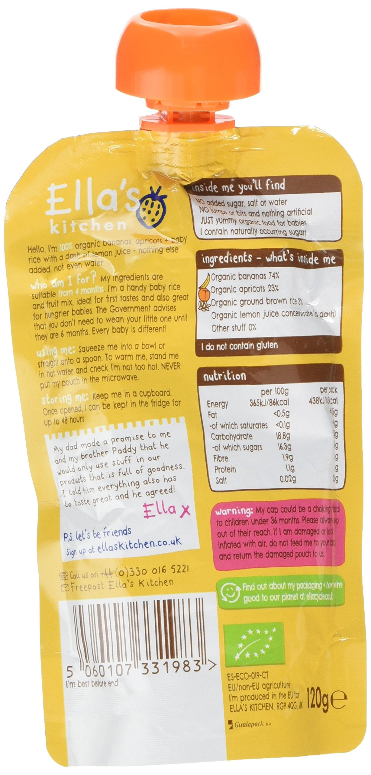 Ella's Kitchen - Organic Apricot & Banana Baby Rice Smoothie Pouch, 120g