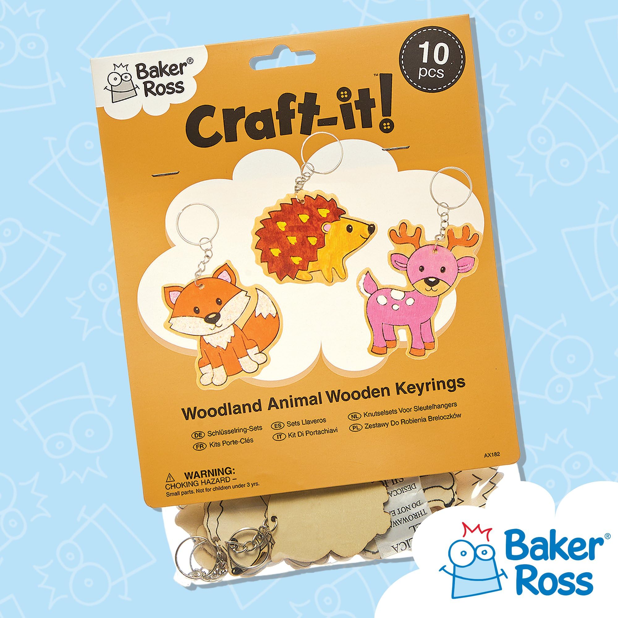 Baker Ross Woodland Animal Wooden Keyrings - Pack of 10 | Colour-In Craft Kit | 4.5cm-8cm 5