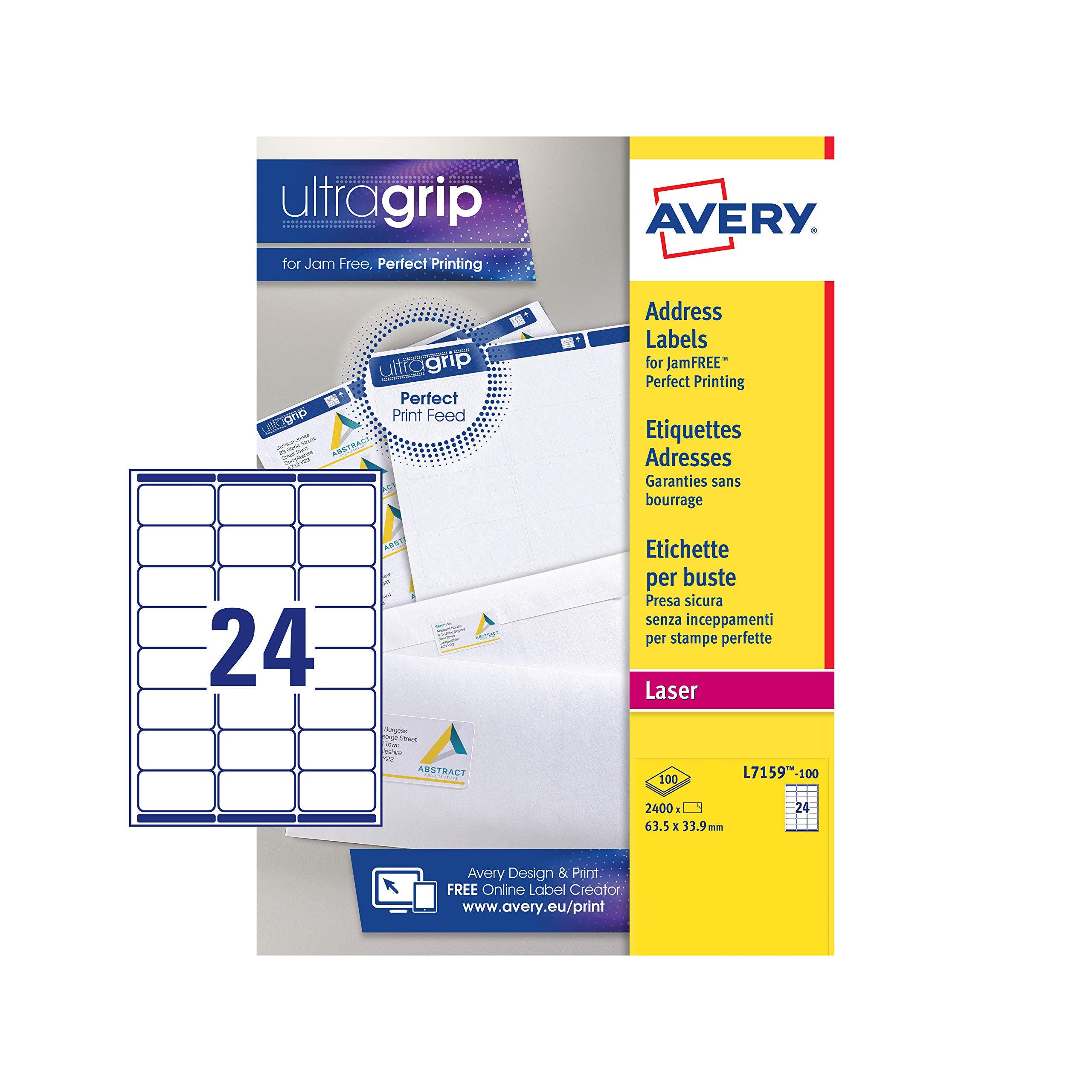 AVERY Self Adhesive Address Mailing Labels for Laser Printers, 24 Labels/Sheet, 2400 Labels Total, White (L7159)
