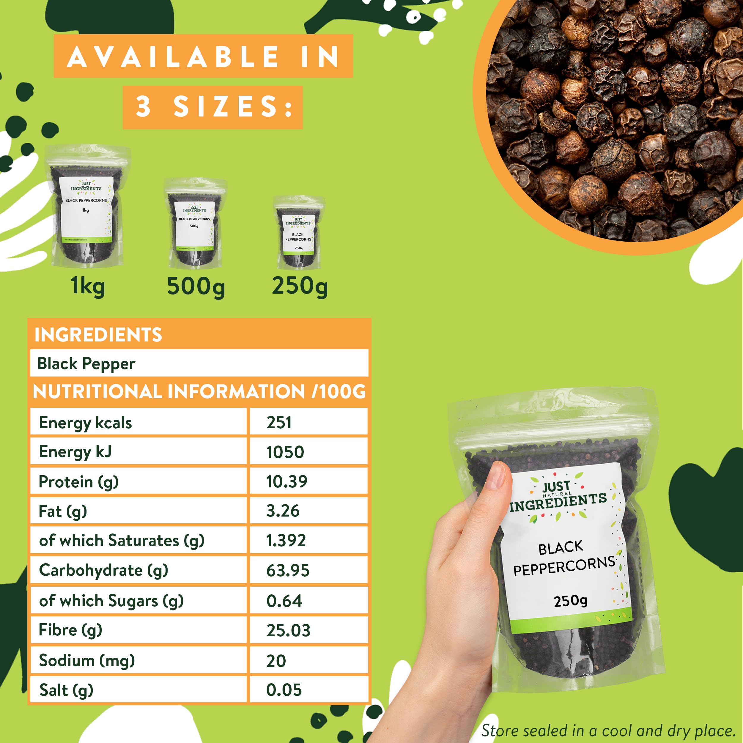 JustIngredients Organic Whole Black Peppercorns - Bold Aromatic Flavour | 250g 3