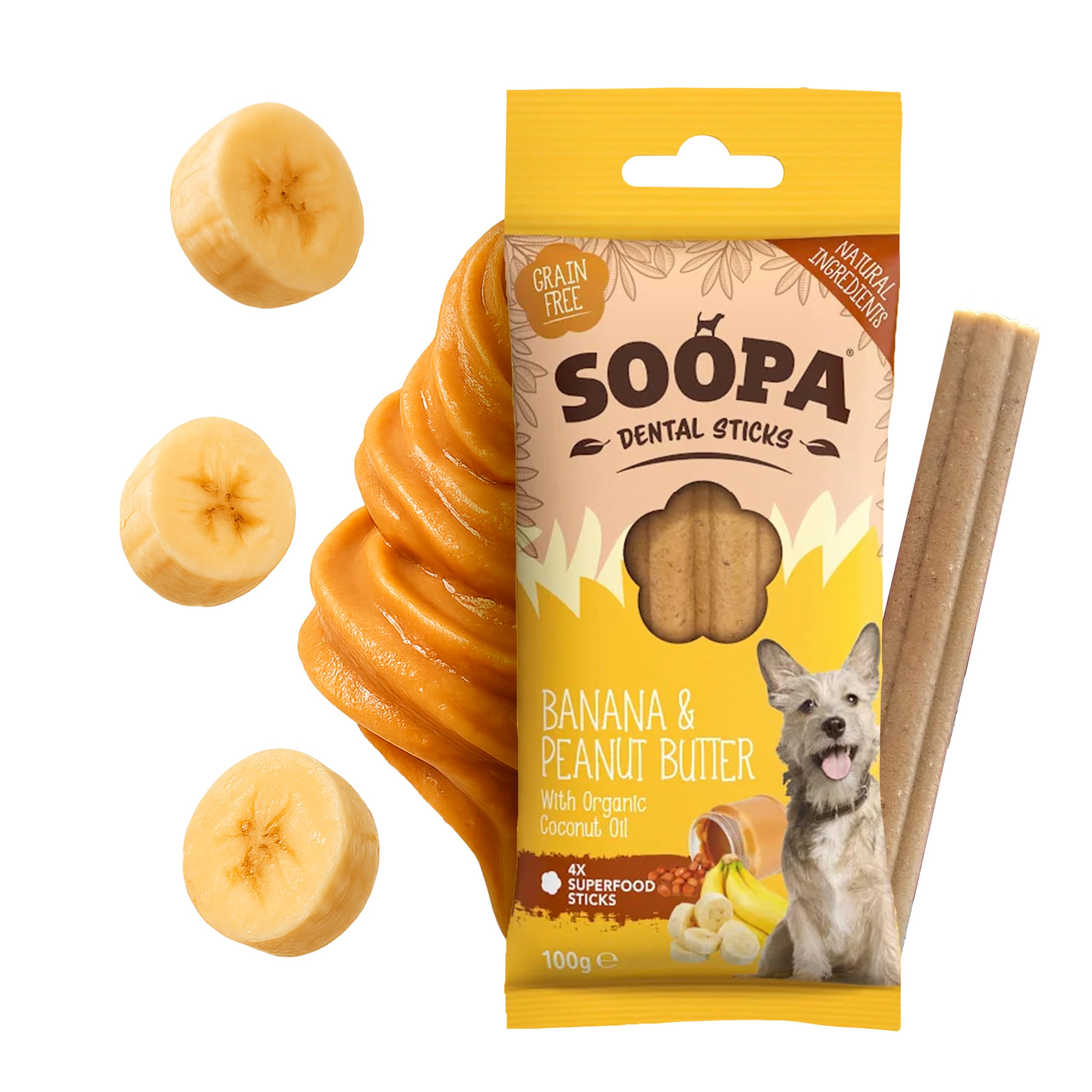 Soopa Grain Free Banana & Peanut Butter Dental Dog Treats - 4 Sticks | Low Fat