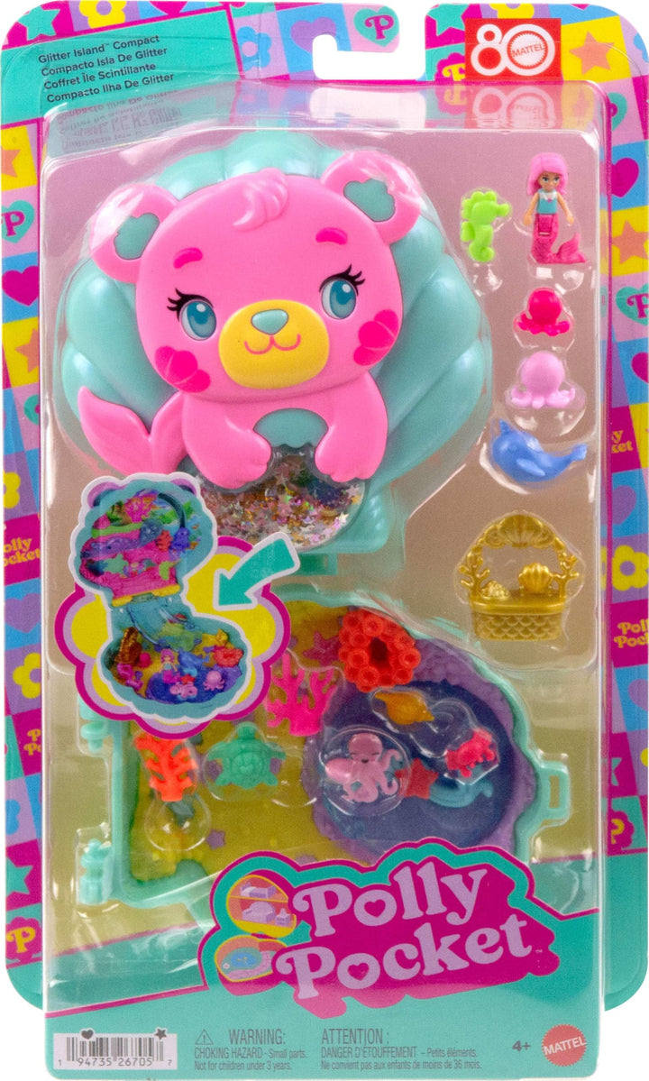 Polly Pocket Glitter Island Compact Playset - Mermaid Adventure with 11 Accessories