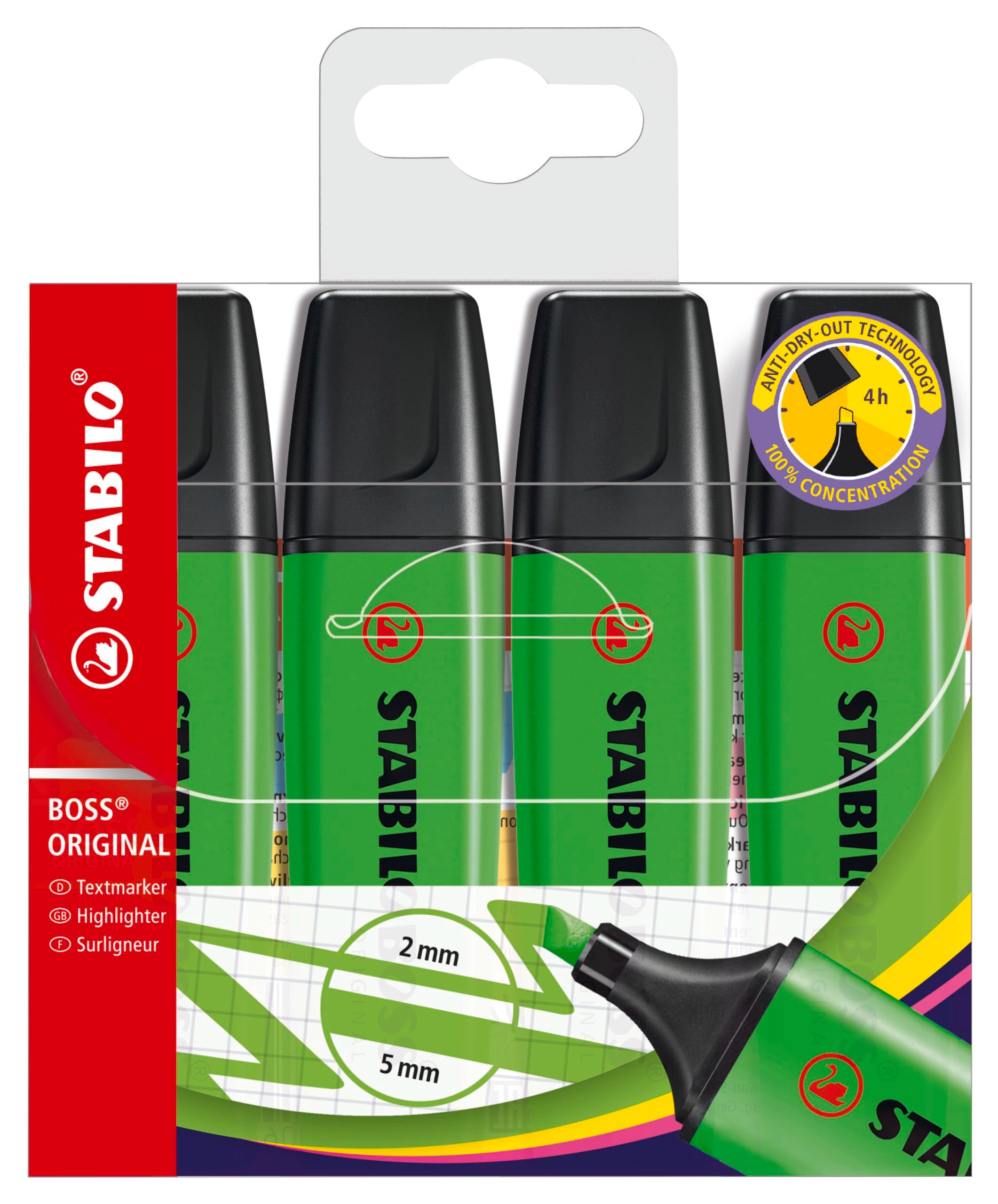 STABILO BOSS ORIGINAL Highlighter - Pack of 4 Green | 2mm & 5mm Line Widths | 4 Hour Cap-Off Time