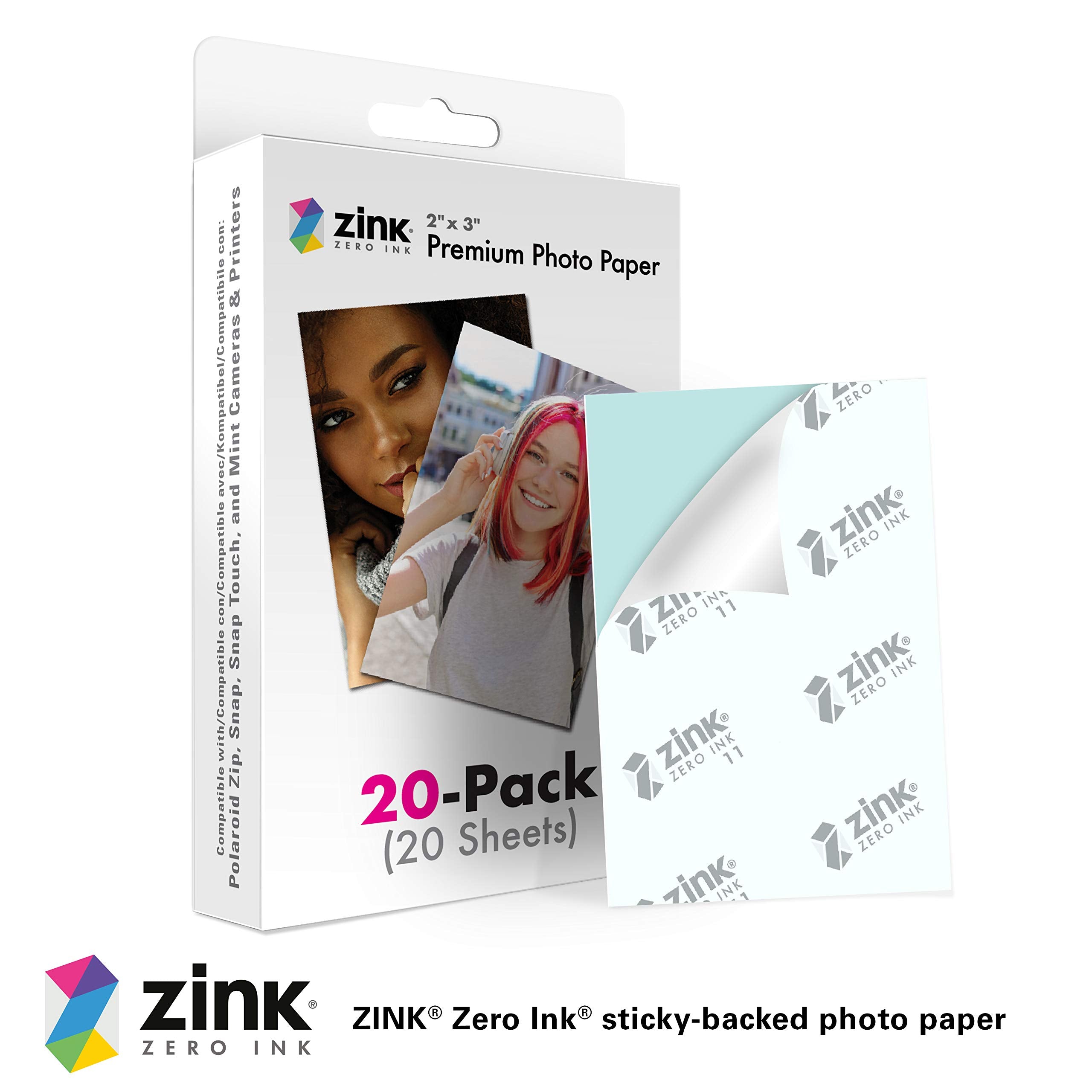 Zink Premium Photo Paper - 2"x3" Prints, 20 Pack | Zero Ink Technology | Sticky Back