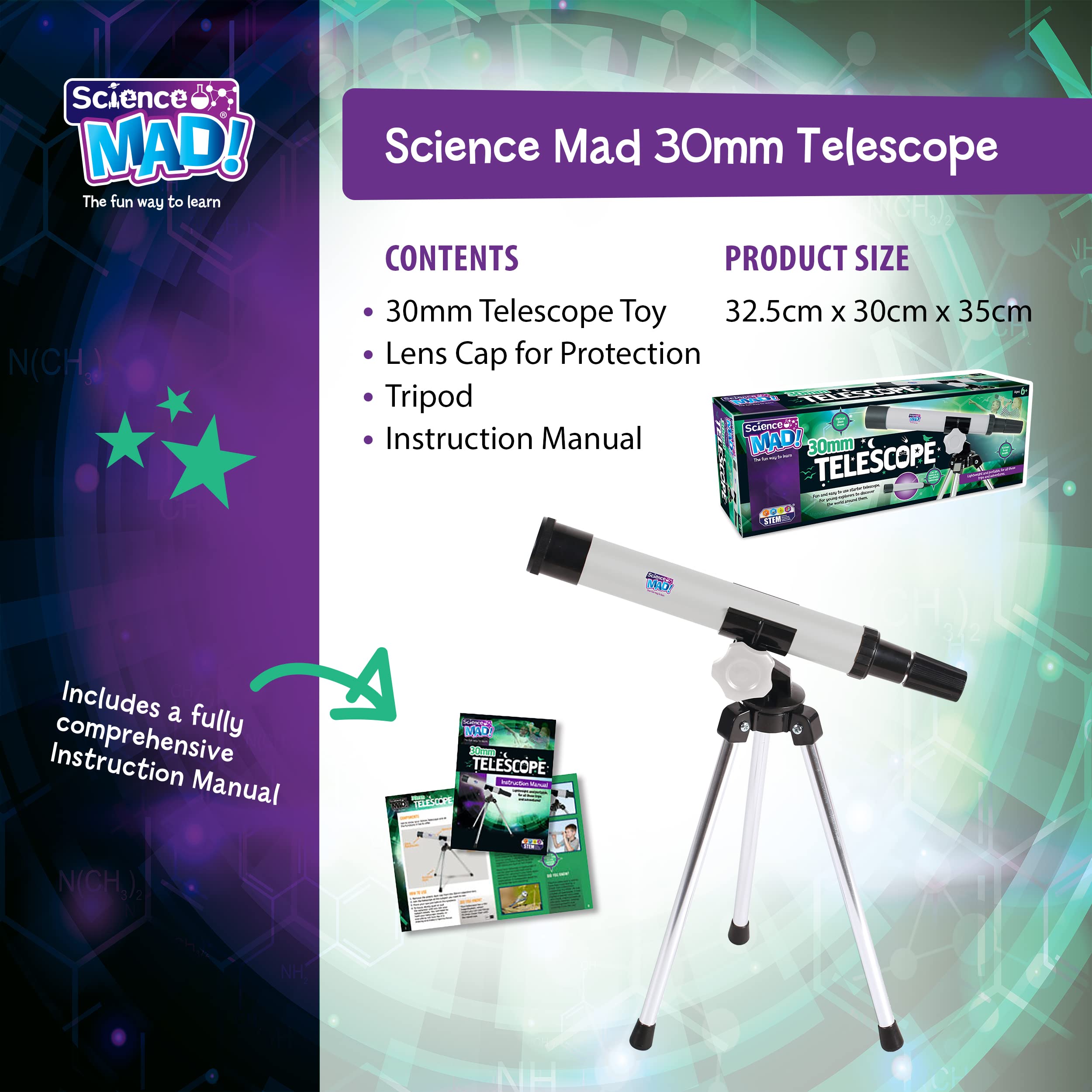 Science Mad 30mm Telescope for Kids - 15x Magnification Starter Scope with Tripod | Ages 6+ 4