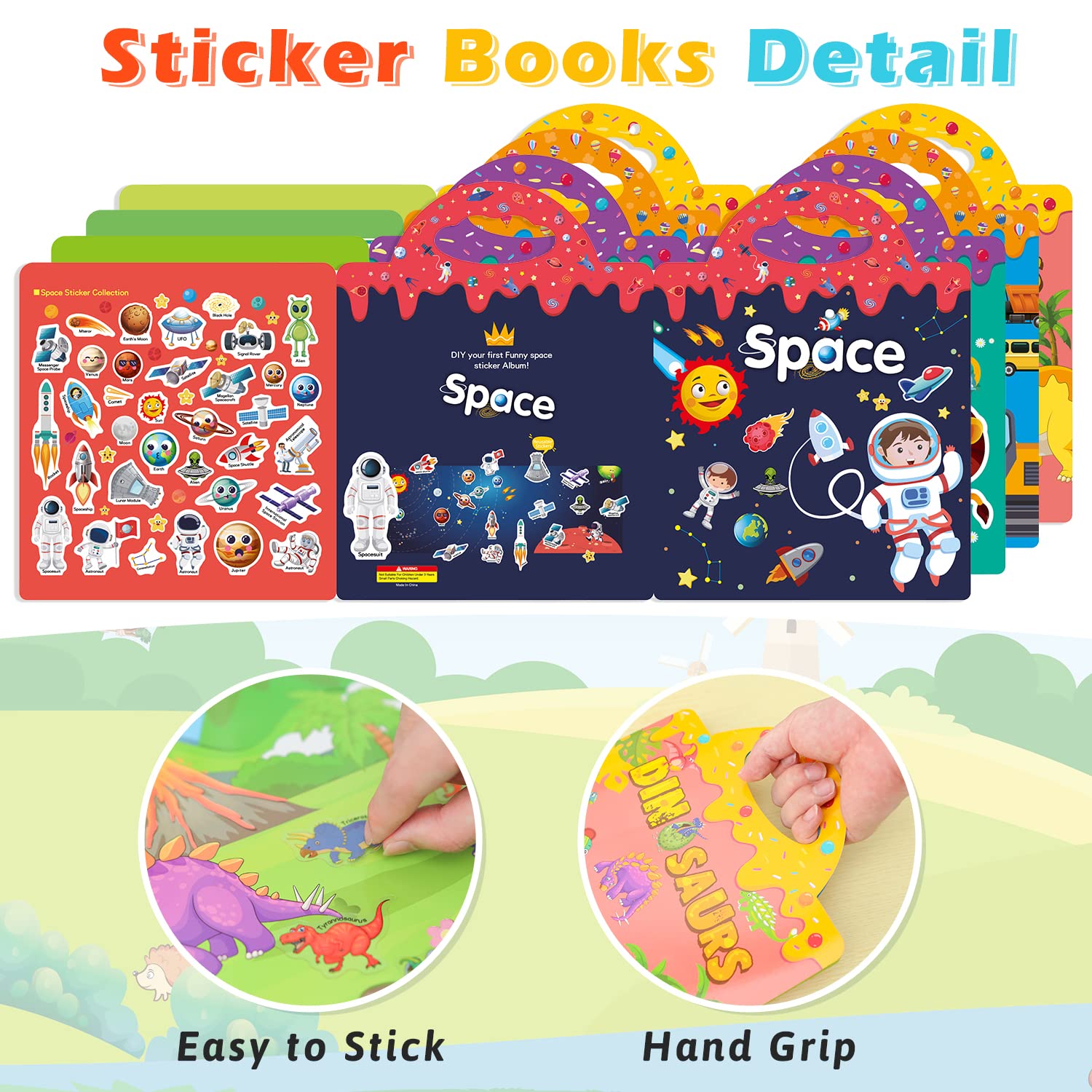 GUYUCOM 4 Pack Reusable Sticker Books for Kids Ages 3+ | Dinosaur, Animal, Space, Vehicle Themes 3