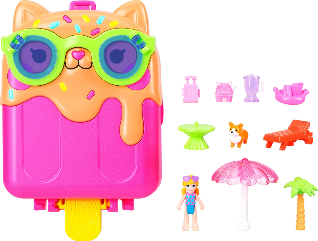 Polly Pocket Kitty Popsicle Resort Compact - Travel Playset with Micro Doll & 11 Accessories