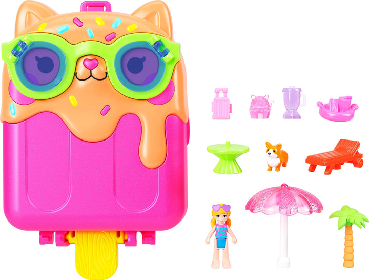 Polly Pocket Kitty Popsicle Resort Compact - Travel Playset with Micro Doll & 11 Accessories