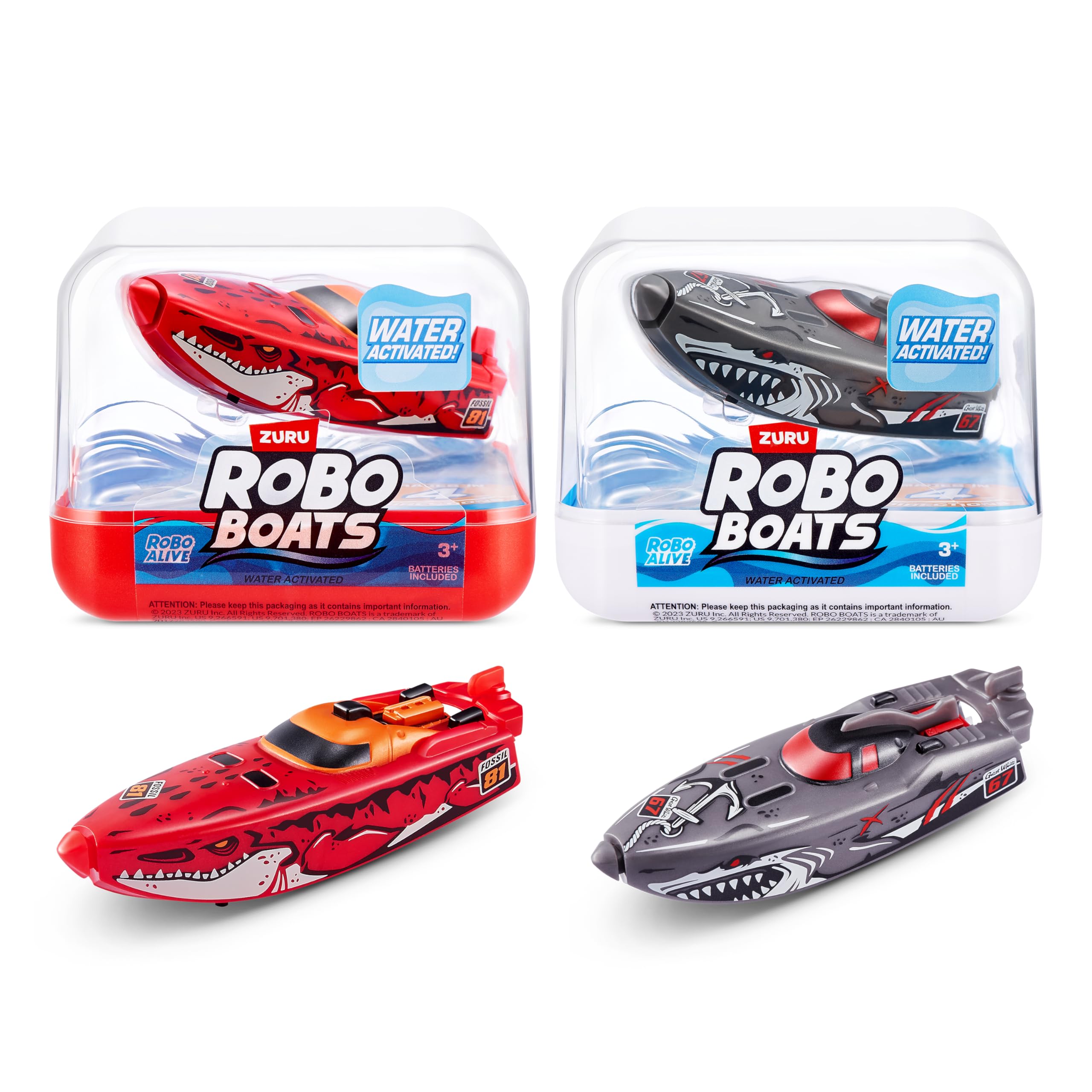 Robo Alive Robo Boats - Water Activated Speed Boats | 2 Pack | White Shark & Dino Shark 1