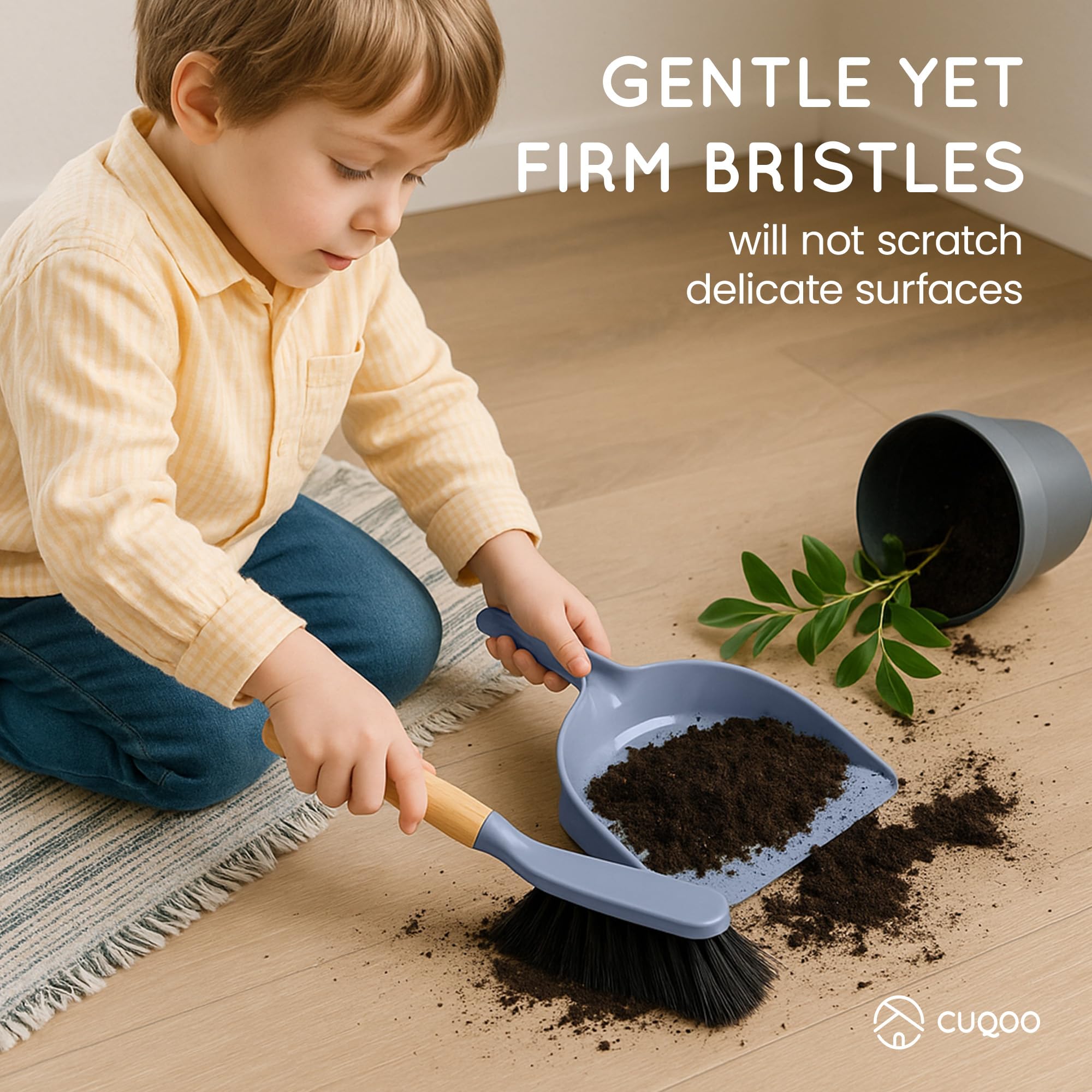 CUQOO Compact Bamboo Dustpan and Brush Set | Soft Scratch-Free Bristles | Grey 4