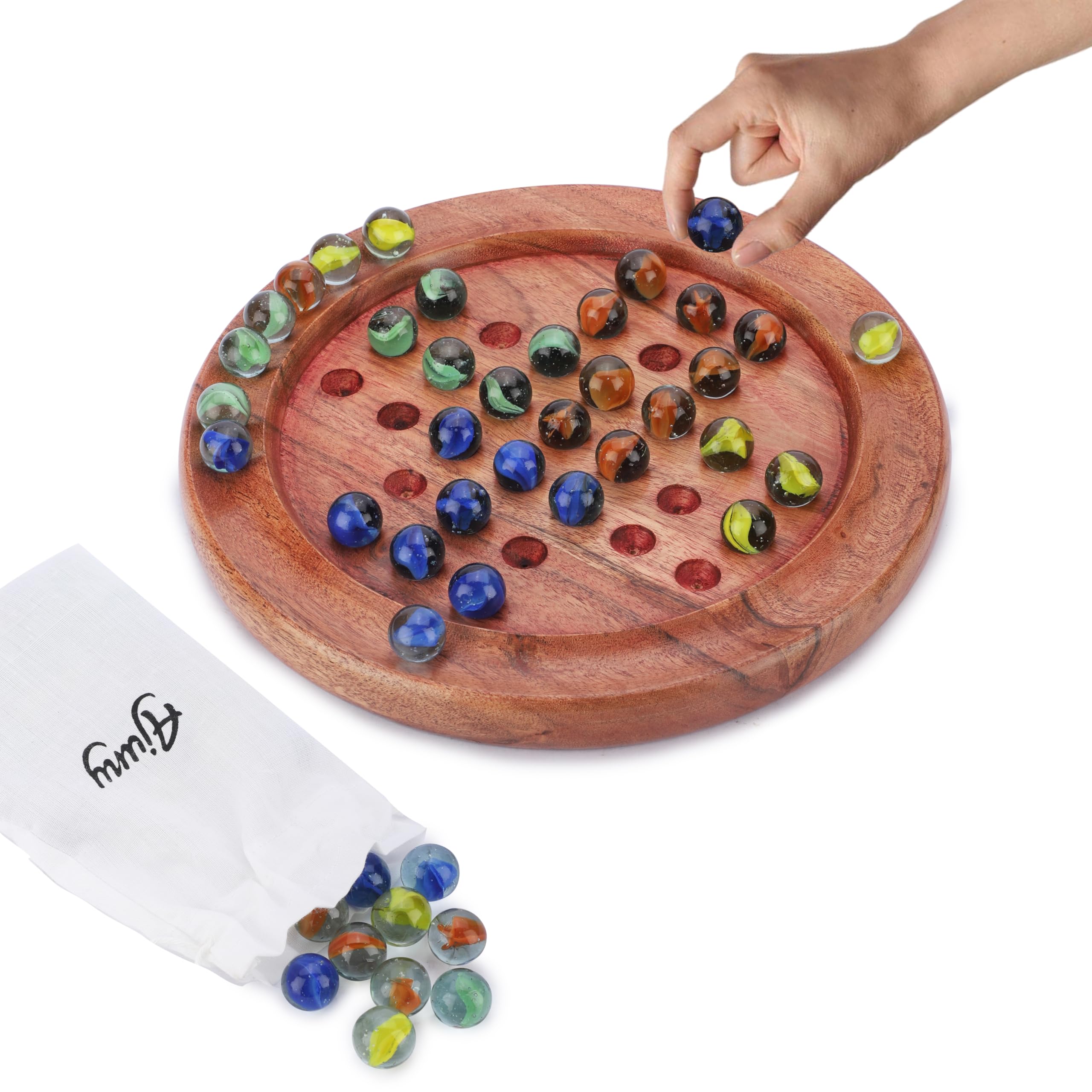 Ajuny Classic Solitaire Handcrafted Wooden Board Game with 4-Color Marbles 9