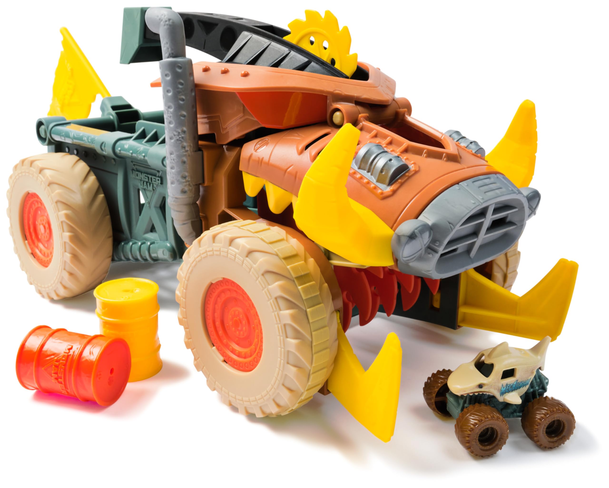 Monster Jam Mini Jams Megalodon Mad Hog Chomper Playset | 1:87 Scale Truck & Barrels